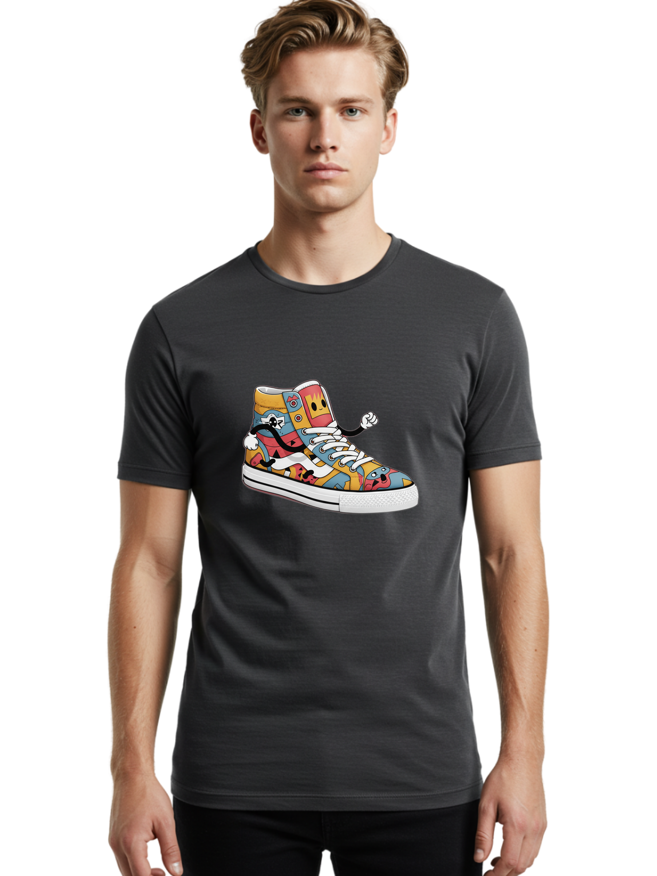 Sneaker Men'S Graphic Tee, 100% Cotton, Comfortable Casual Summer Wear, Machine Washable, Sneaker With Emojis, Cartoon Shoe, Colorful Footwear, Playful Design, Funky Style, Emoji Fashion, Streetwear, Animated Sneaker, Vibrant Colors Bab430