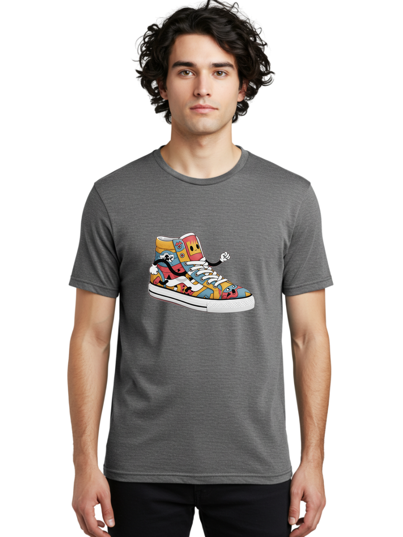 Sneaker Men'S Graphic Tee, 100% Cotton, Comfortable Casual Summer Wear, Machine Washable, Sneaker With Emojis, Cartoon Shoe, Colorful Footwear, Playful Design, Funky Style, Emoji Fashion, Streetwear, Animated Sneaker, Vibrant Colors Bab430