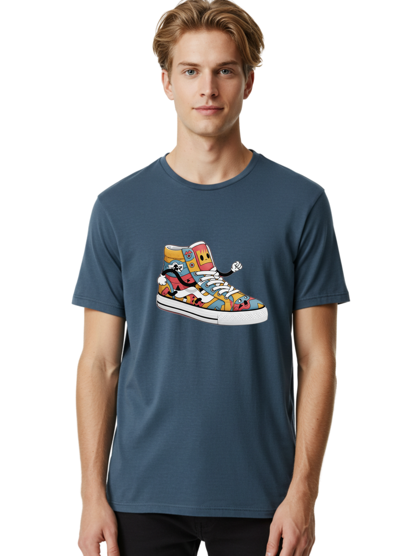 Sneaker Men'S Graphic Tee, 100% Cotton, Comfortable Casual Summer Wear, Machine Washable, Sneaker With Emojis, Cartoon Shoe, Colorful Footwear, Playful Design, Funky Style, Emoji Fashion, Streetwear, Animated Sneaker, Vibrant Colors Bab430
