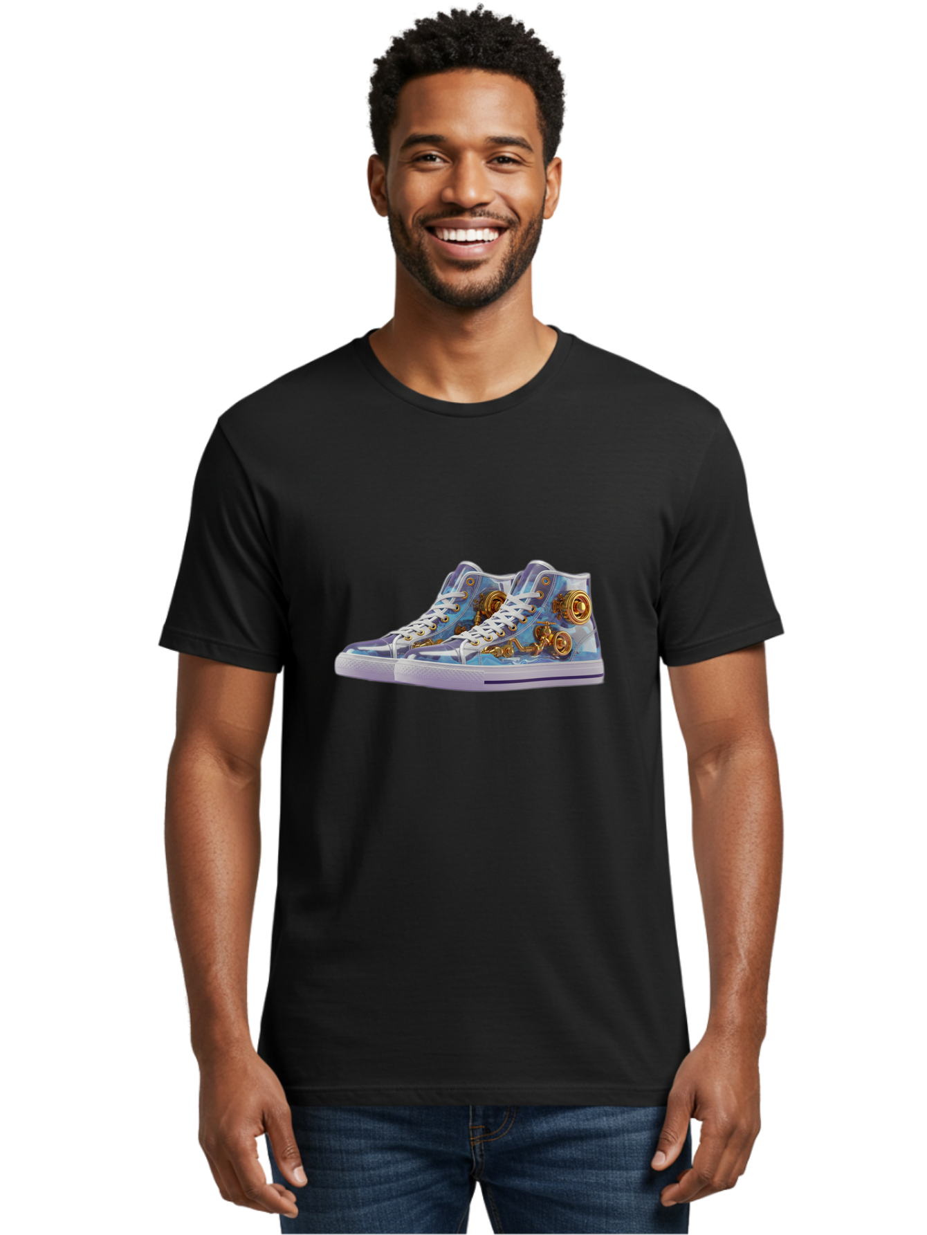 Sneakers-With-Gear-Pattern Men'S Graphic Tee, 100% Cotton, Comfortable Casual Summer Wear, Machine Washable, High-Top Sneakers, Blue And Purple Swirl, Gold Gears, Mechanical Design, White Laces, Fashion Footwear, Statement Shoes, Streetwear, Bab431