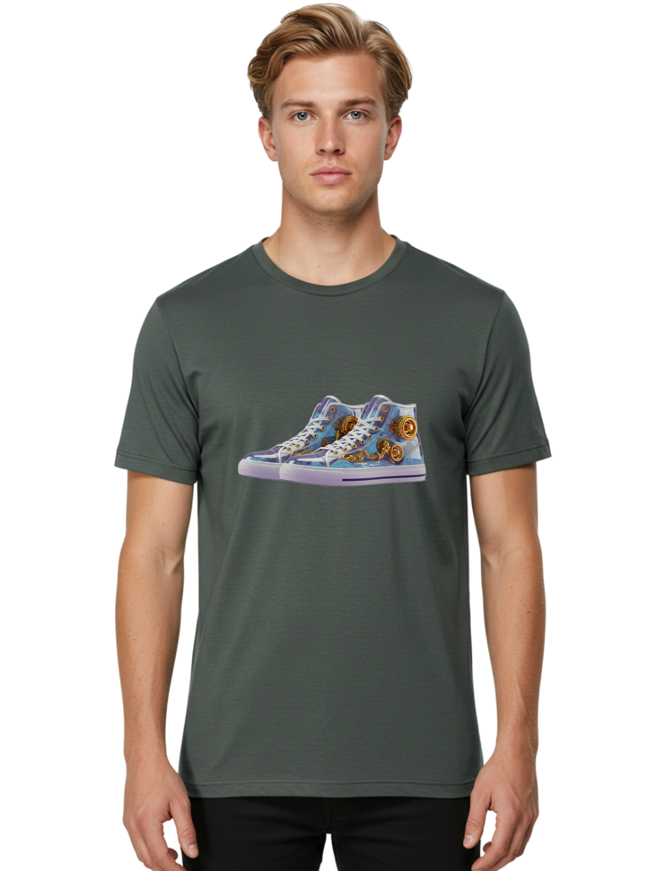 Sneakers-With-Gear-Pattern Men'S Graphic Tee, 100% Cotton, Comfortable Casual Summer Wear, Machine Washable, High-Top Sneakers, Blue And Purple Swirl, Gold Gears, Mechanical Design, White Laces, Fashion Footwear, Statement Shoes, Streetwear, Bab431