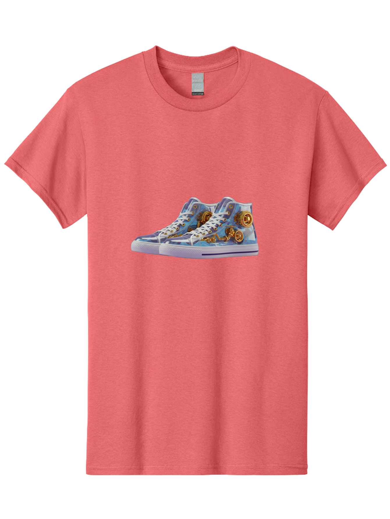 Sneakers-With-Gear-Pattern Men'S Graphic Tee, 100% Cotton, Comfortable Casual Summer Wear, Machine Washable, High-Top Sneakers, Blue And Purple Swirl, Gold Gears, Mechanical Design, White Laces, Fashion Footwear, Statement Shoes, Streetwear, Bab431