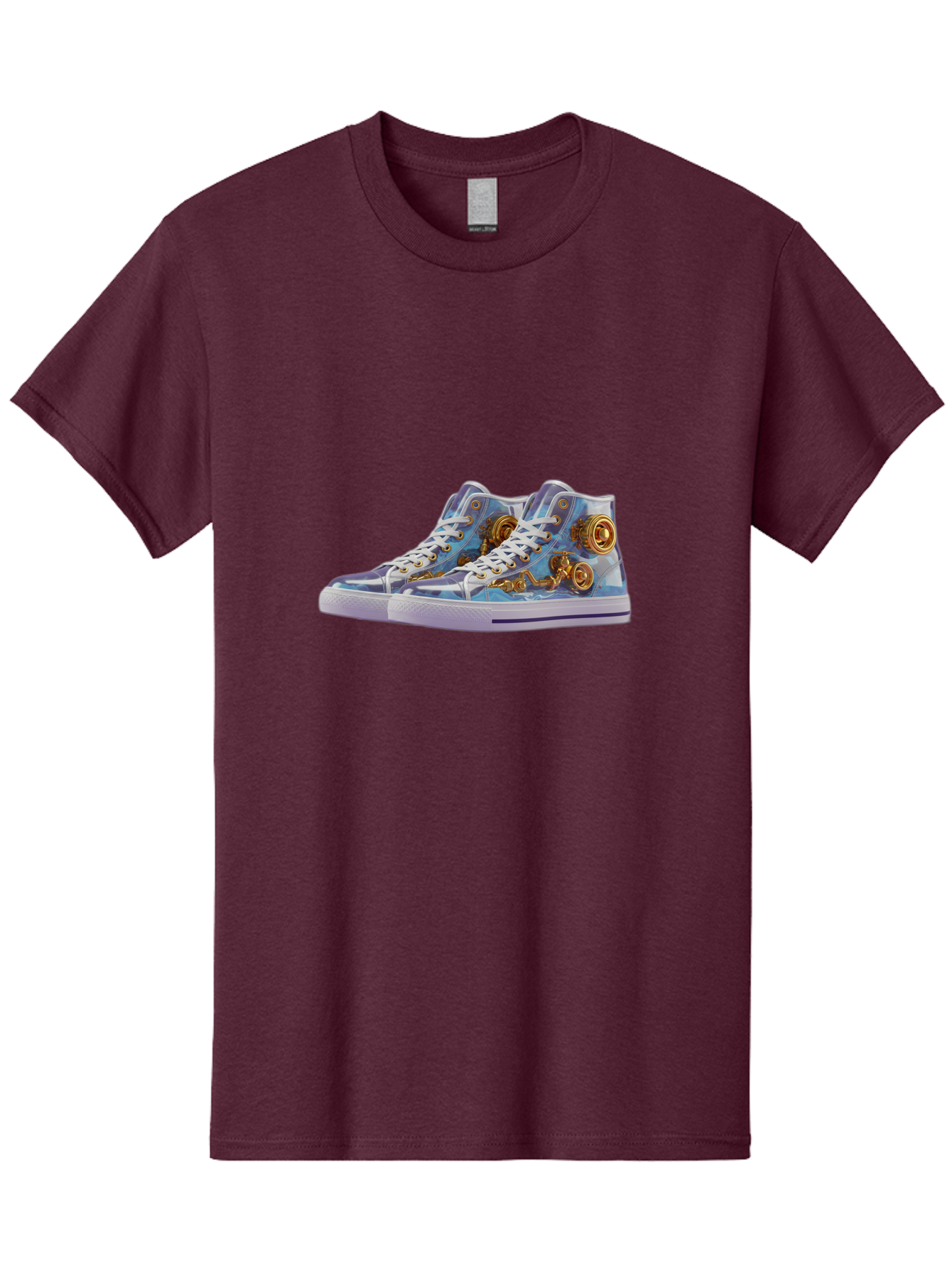 Sneakers-With-Gear-Pattern Men'S Graphic Tee, 100% Cotton, Comfortable Casual Summer Wear, Machine Washable, High-Top Sneakers, Blue And Purple Swirl, Gold Gears, Mechanical Design, White Laces, Fashion Footwear, Statement Shoes, Streetwear, Bab431