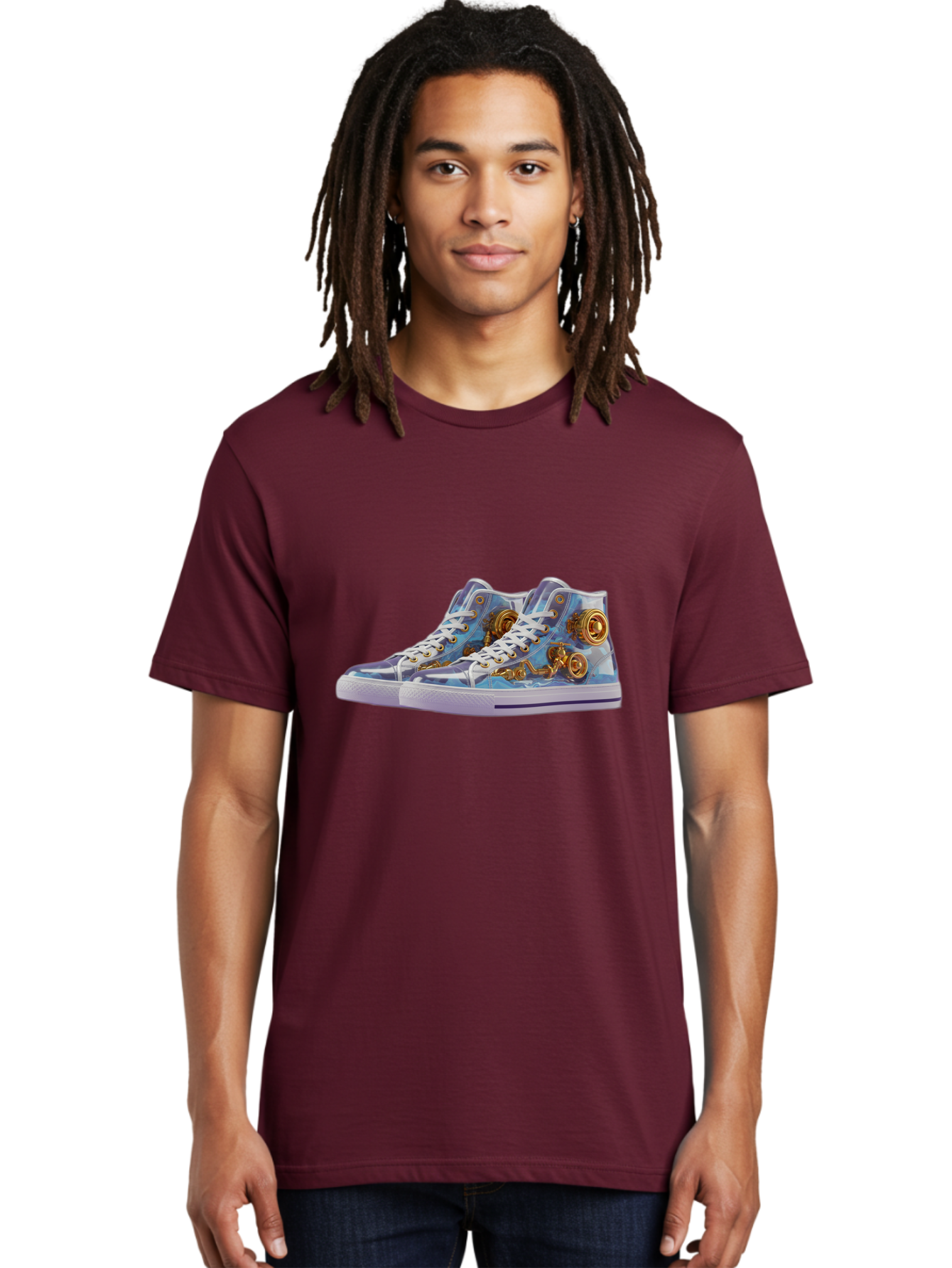 Sneakers-With-Gear-Pattern Men'S Graphic Tee, 100% Cotton, Comfortable Casual Summer Wear, Machine Washable, High-Top Sneakers, Blue And Purple Swirl, Gold Gears, Mechanical Design, White Laces, Fashion Footwear, Statement Shoes, Streetwear, Bab431