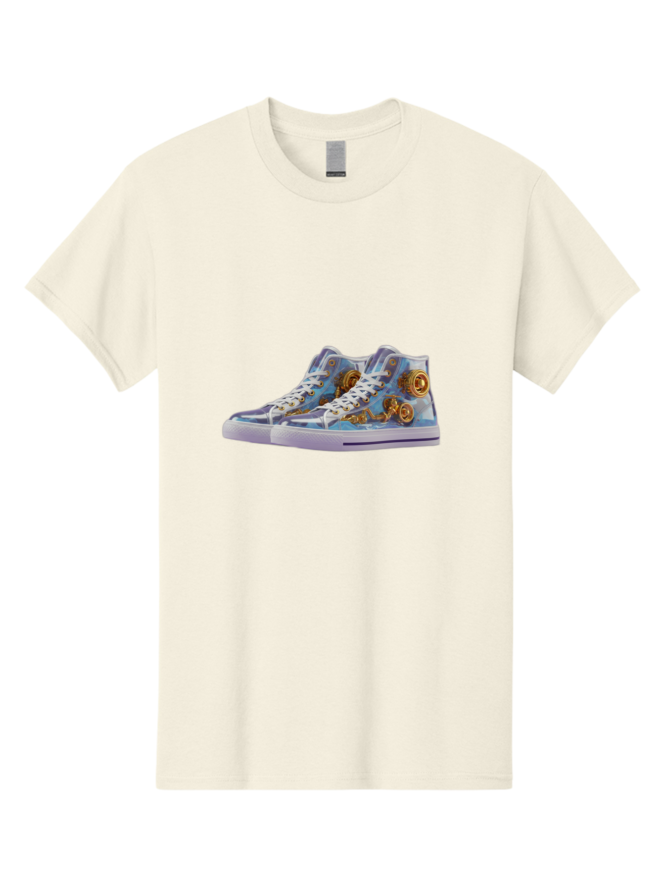 Sneakers-With-Gear-Pattern Men'S Graphic Tee, 100% Cotton, Comfortable Casual Summer Wear, Machine Washable, High-Top Sneakers, Blue And Purple Swirl, Gold Gears, Mechanical Design, White Laces, Fashion Footwear, Statement Shoes, Streetwear, Bab431