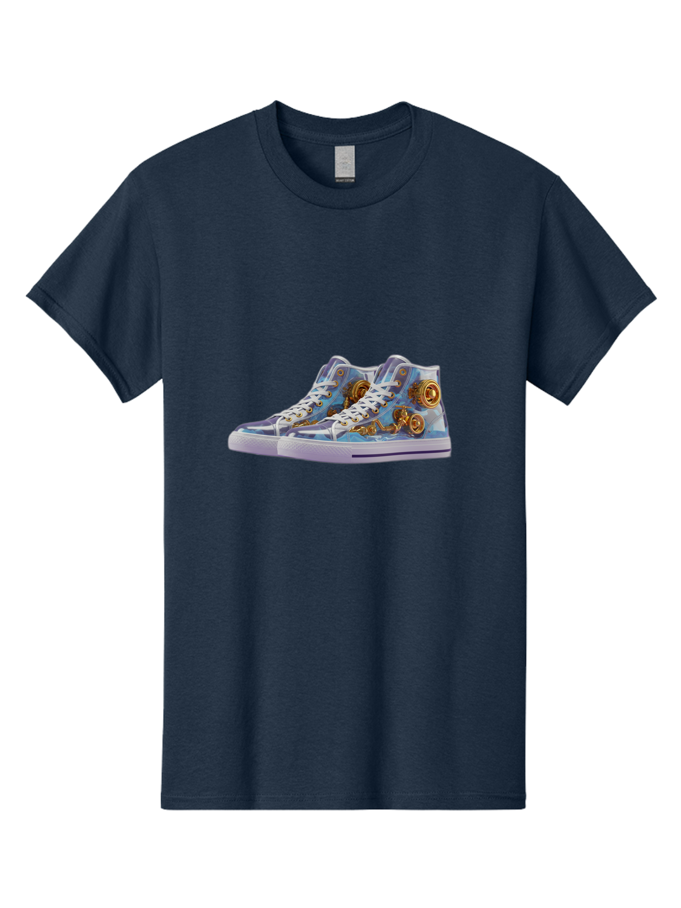 Sneakers-With-Gear-Pattern Men'S Graphic Tee, 100% Cotton, Comfortable Casual Summer Wear, Machine Washable, High-Top Sneakers, Blue And Purple Swirl, Gold Gears, Mechanical Design, White Laces, Fashion Footwear, Statement Shoes, Streetwear, Bab431