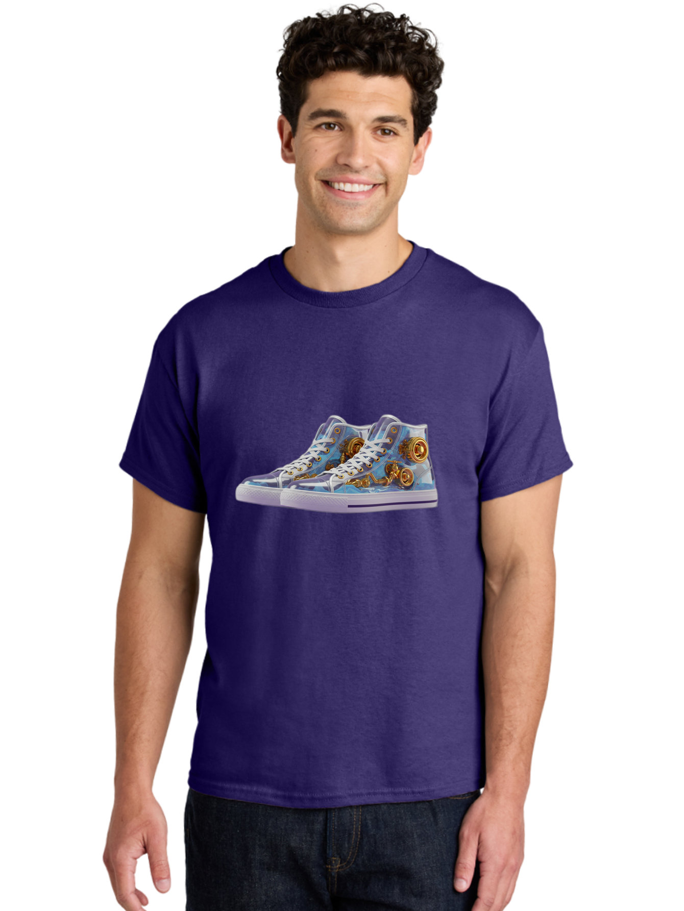 Sneakers-With-Gear-Pattern Men'S Graphic Tee, 100% Cotton, Comfortable Casual Summer Wear, Machine Washable, High-Top Sneakers, Blue And Purple Swirl, Gold Gears, Mechanical Design, White Laces, Fashion Footwear, Statement Shoes, Streetwear, Bab431