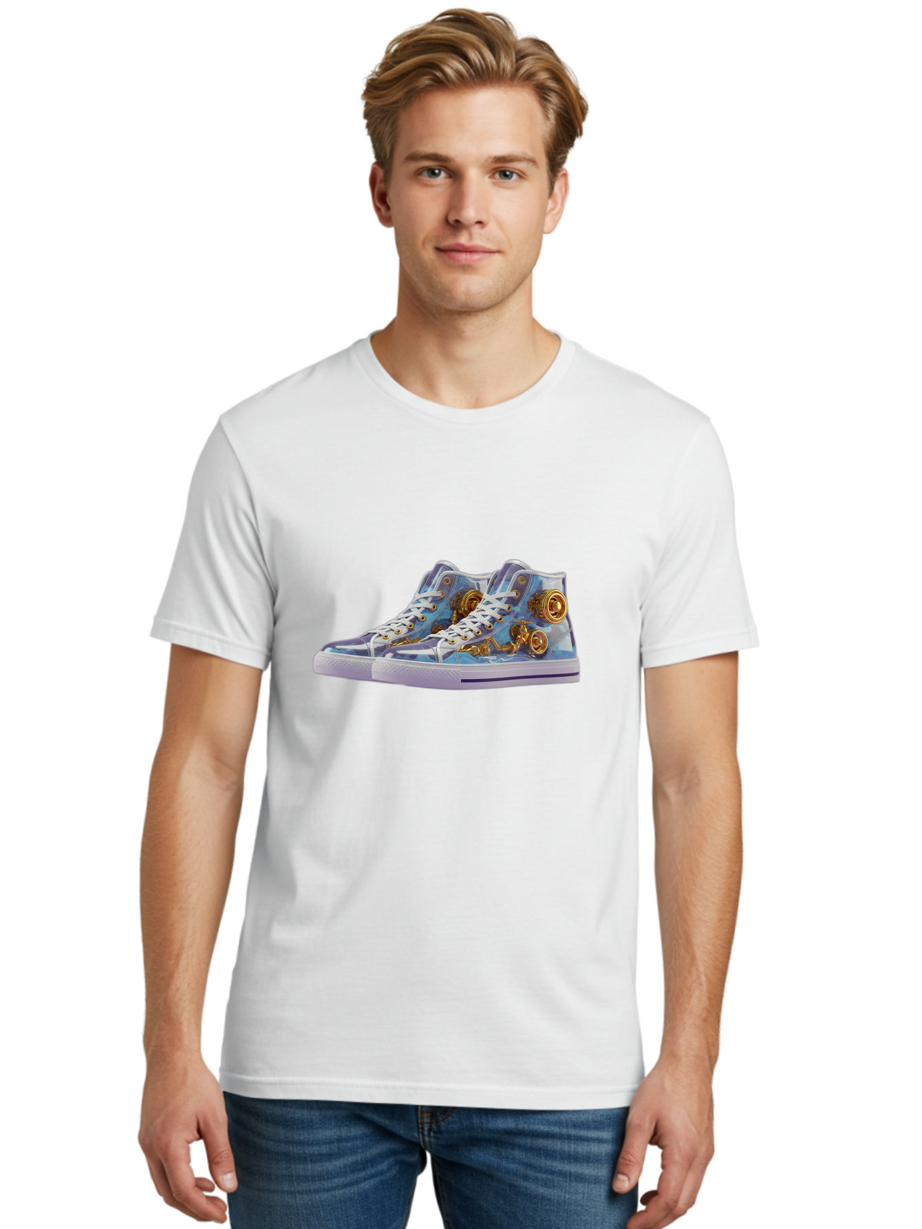 Sneakers-With-Gear-Pattern Men'S Graphic Tee, 100% Cotton, Comfortable Casual Summer Wear, Machine Washable, High-Top Sneakers, Blue And Purple Swirl, Gold Gears, Mechanical Design, White Laces, Fashion Footwear, Statement Shoes, Streetwear, Bab431