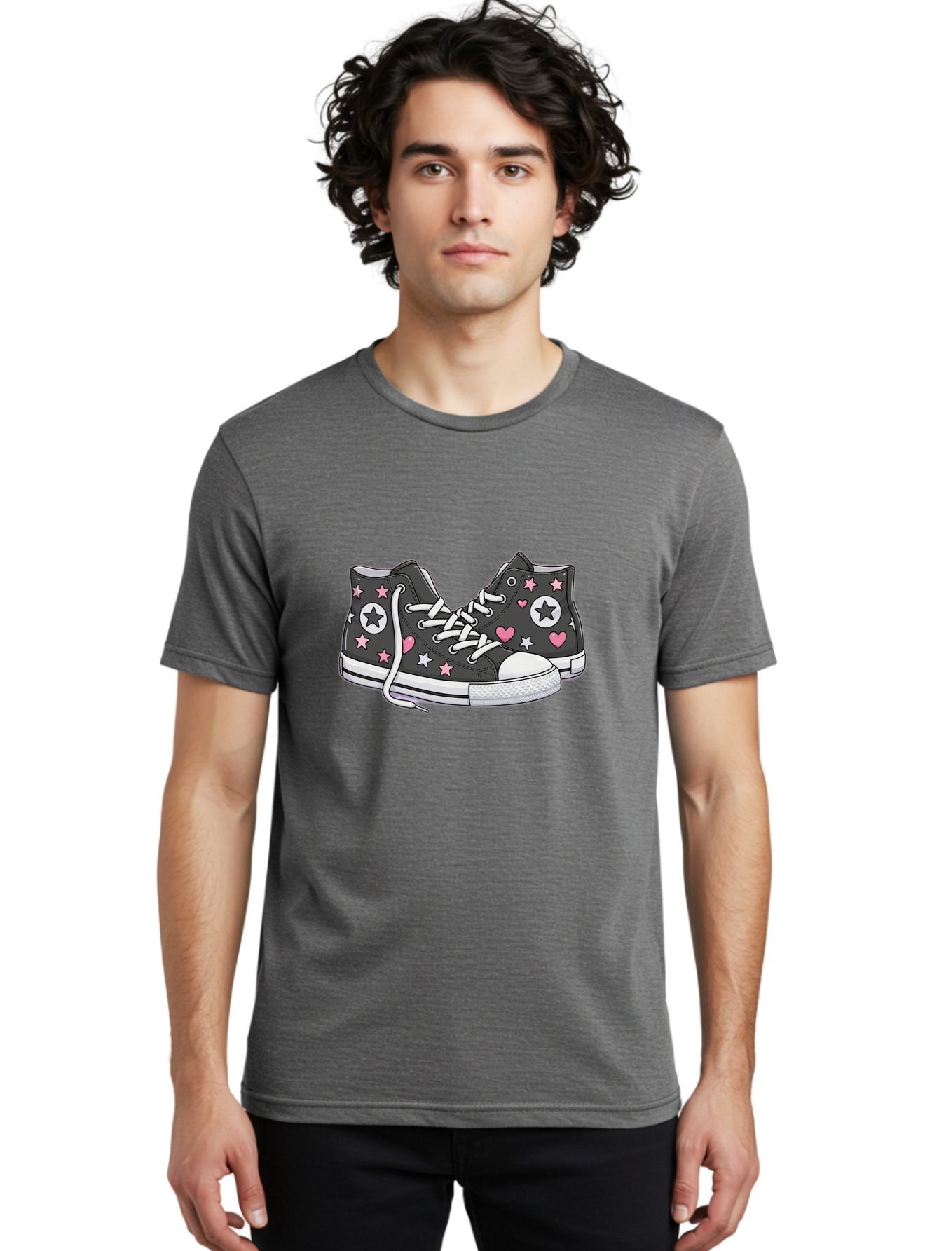 Sneakers-With-Stars-And-Hearts Men'S Graphic Tee, 100% Cotton, Comfortable Casual Summer Wear, Machine Washable, Custom Sneakers, Star And Heart Designs, Fashion Footwear, Casual Wear, Pink And White Accents, Sneaker Art, Street Style, Bab432