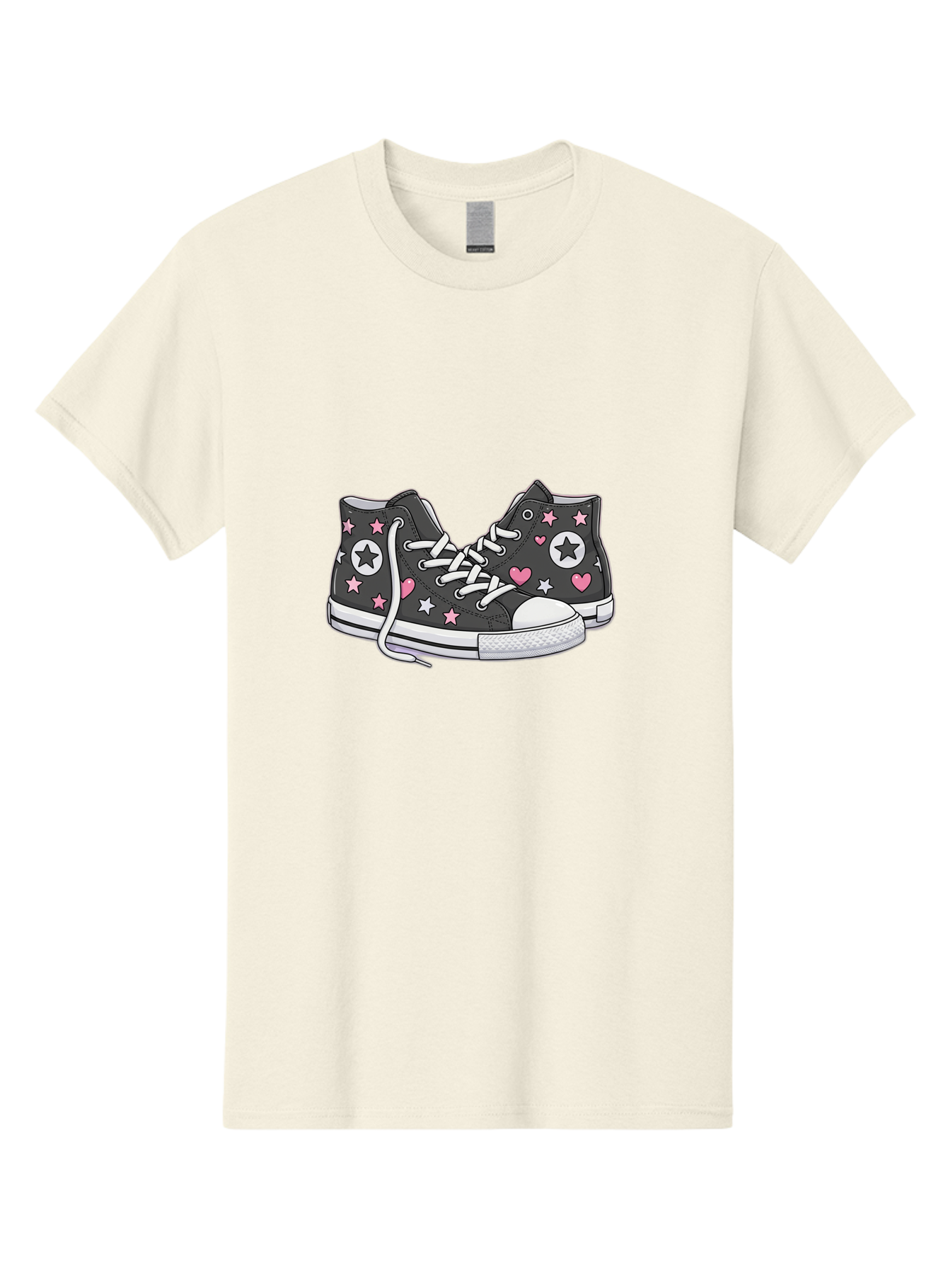 Sneakers-With-Stars-And-Hearts Men'S Graphic Tee, 100% Cotton, Comfortable Casual Summer Wear, Machine Washable, Custom Sneakers, Star And Heart Designs, Fashion Footwear, Casual Wear, Pink And White Accents, Sneaker Art, Street Style, Bab432
