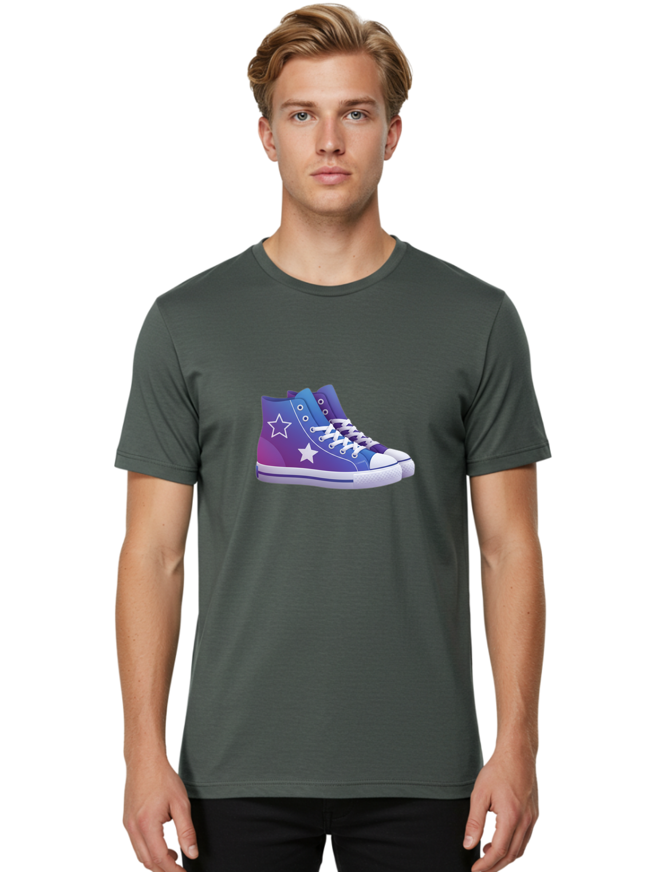 Sneakers-With-Stars Men'S Graphic Tee, 100% Cotton, Comfortable Casual Summer Wear, Machine Washable, Sneakers With Star Design, Purple Sneakers, Blue Sneakers, White Laces, Gradient Effect, Colorful Footwear, Streetwear Style, Casual Shoes, Bab433