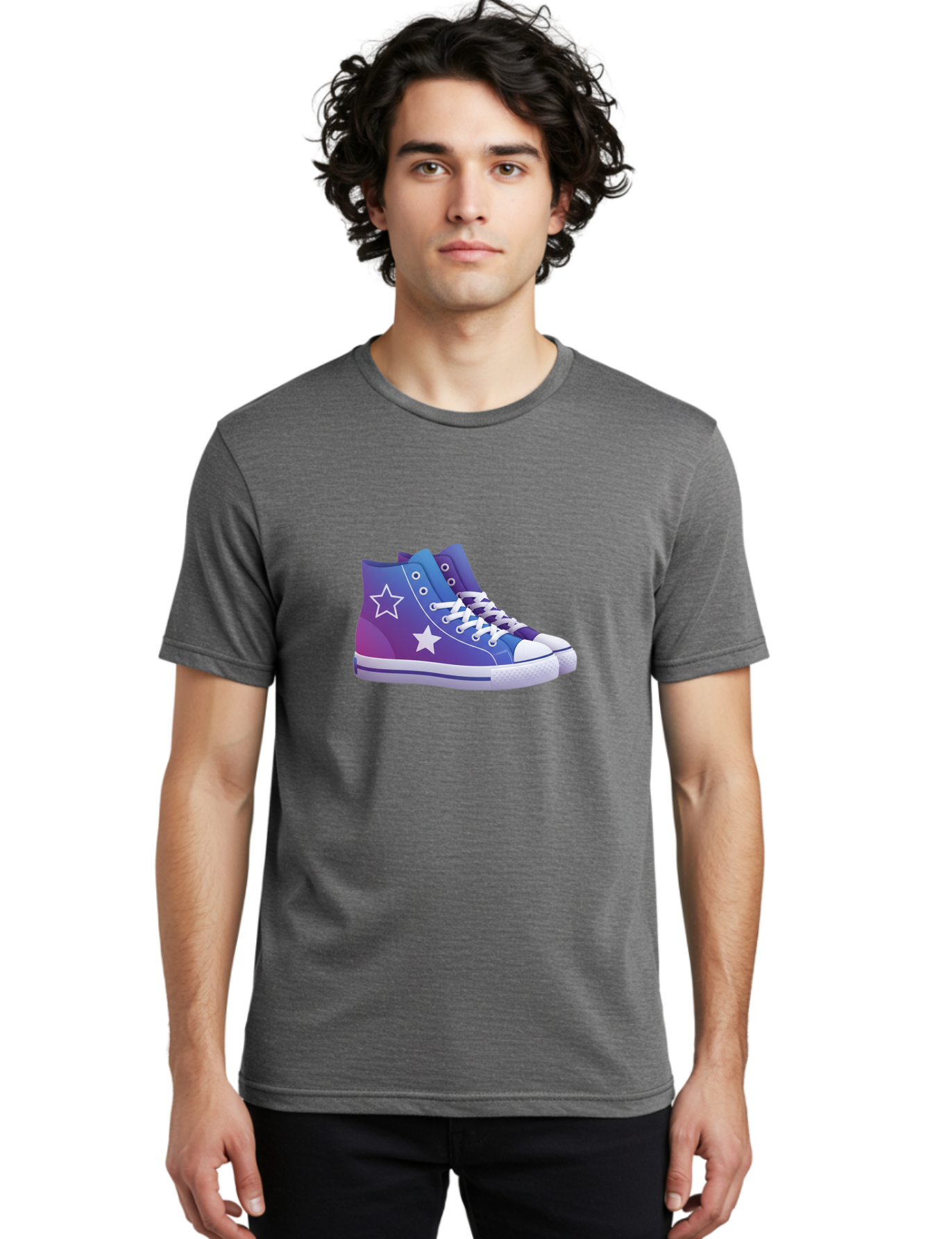 Sneakers-With-Stars Men'S Graphic Tee, 100% Cotton, Comfortable Casual Summer Wear, Machine Washable, Sneakers With Star Design, Purple Sneakers, Blue Sneakers, White Laces, Gradient Effect, Colorful Footwear, Streetwear Style, Casual Shoes, Bab433