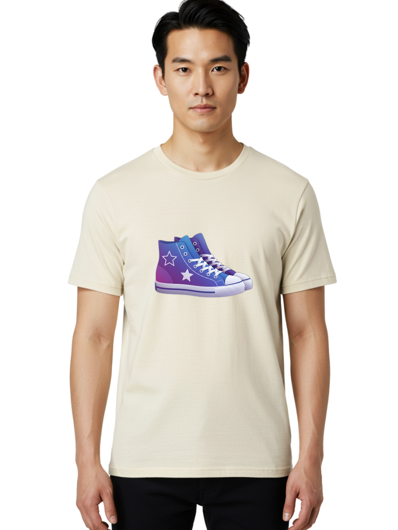 Sneakers-With-Stars Men'S Graphic Tee, 100% Cotton, Comfortable Casual Summer Wear, Machine Washable, Sneakers With Star Design, Purple Sneakers, Blue Sneakers, White Laces, Gradient Effect, Colorful Footwear, Streetwear Style, Casual Shoes, Bab433