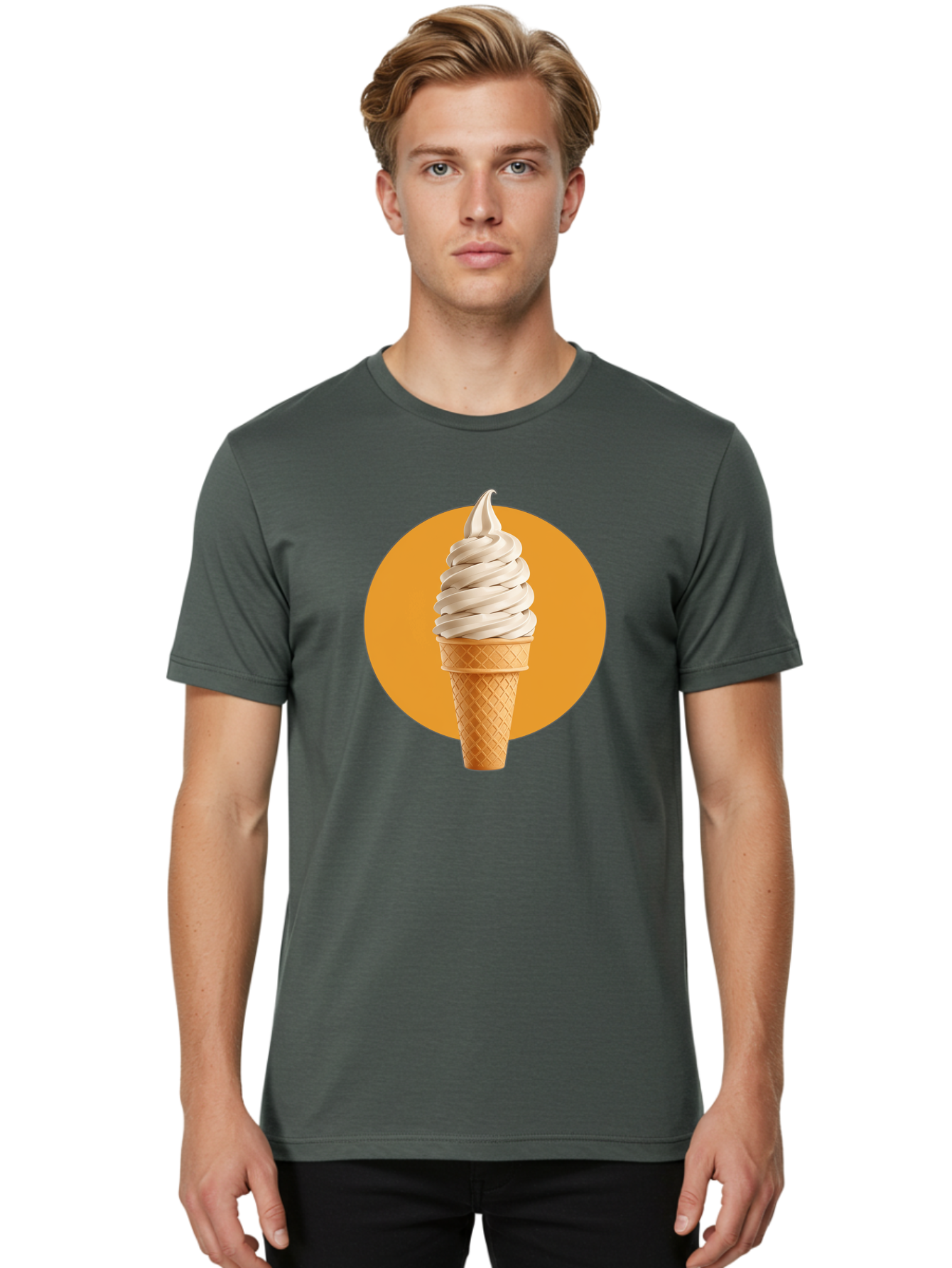 Soft-Serve-Ice-Cream-Cone-1 Men'S Graphic Tee, 100% Cotton, Comfortable Casual Summer Wear, Machine Washable, Soft Serve Ice Cream, Ice Cream Cone, Waffle Cone, Vanilla Ice Cream, Swirly Ice Cream, Summer Treats, Dessert, Sweet Tooth, Bab434