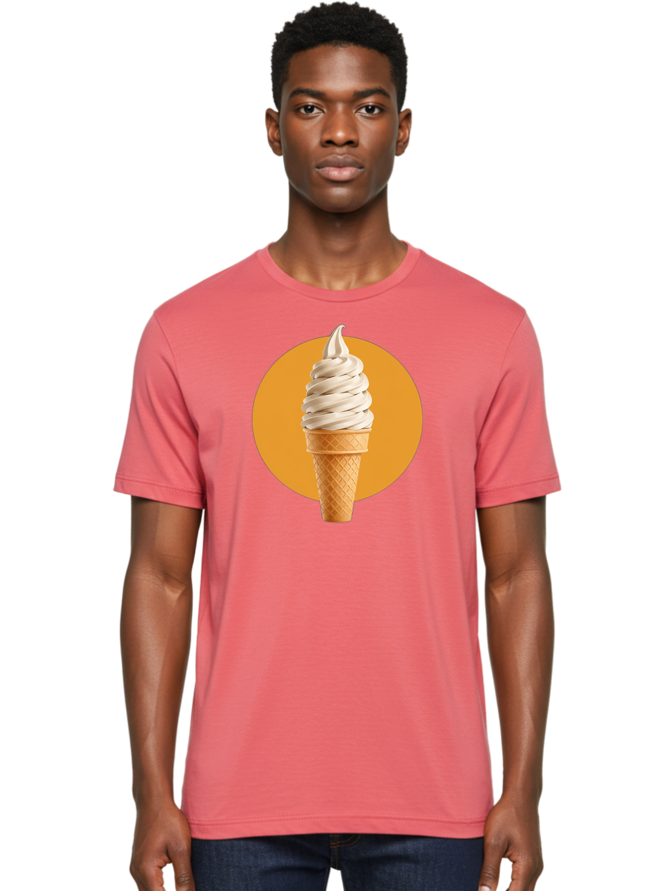 Soft-Serve-Ice-Cream-Cone-1 Men'S Graphic Tee, 100% Cotton, Comfortable Casual Summer Wear, Machine Washable, Soft Serve Ice Cream, Ice Cream Cone, Waffle Cone, Vanilla Ice Cream, Swirly Ice Cream, Summer Treats, Dessert, Sweet Tooth, Bab434