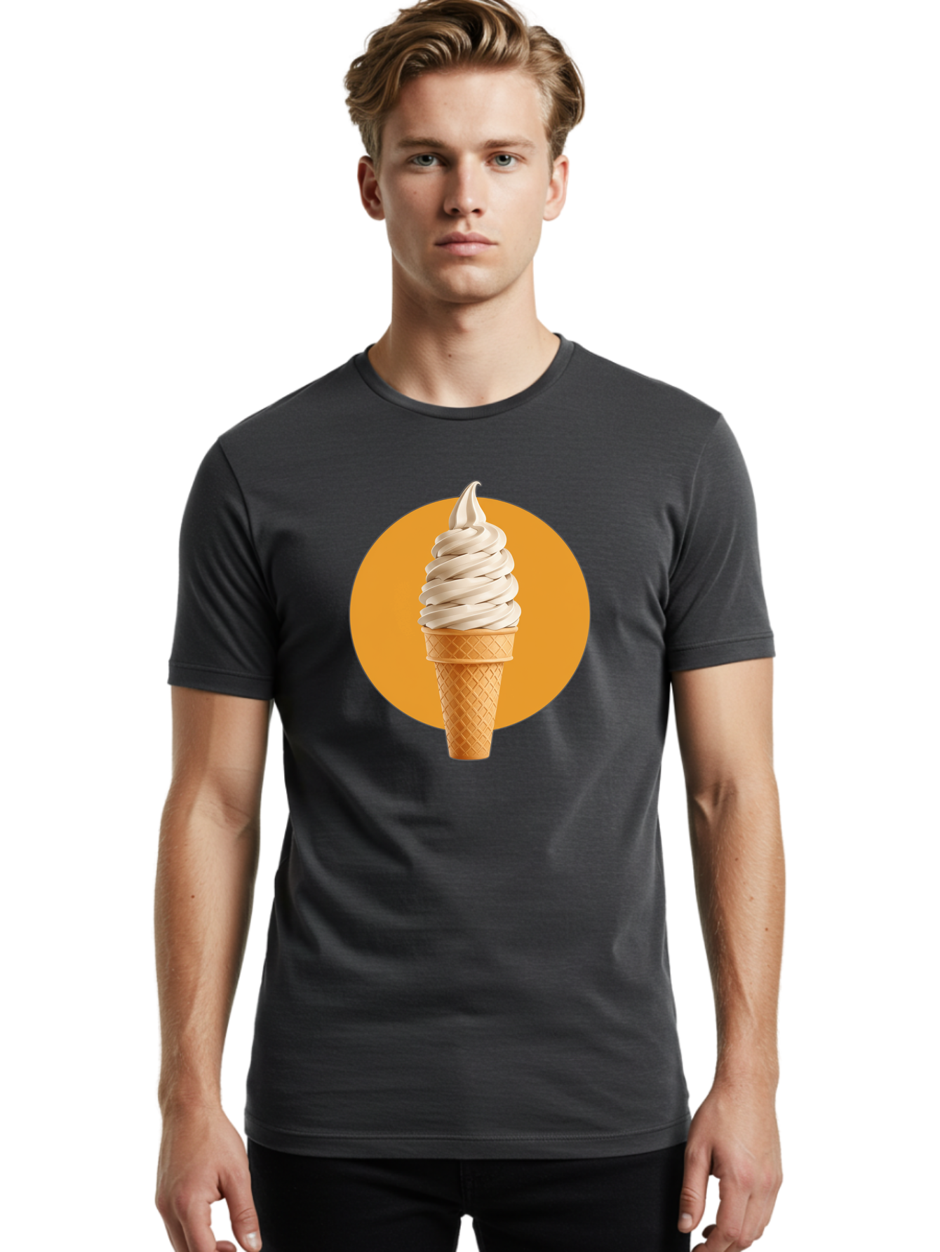 Soft-Serve-Ice-Cream-Cone-1 Men'S Graphic Tee, 100% Cotton, Comfortable Casual Summer Wear, Machine Washable, Soft Serve Ice Cream, Ice Cream Cone, Waffle Cone, Vanilla Ice Cream, Swirly Ice Cream, Summer Treats, Dessert, Sweet Tooth, Bab434