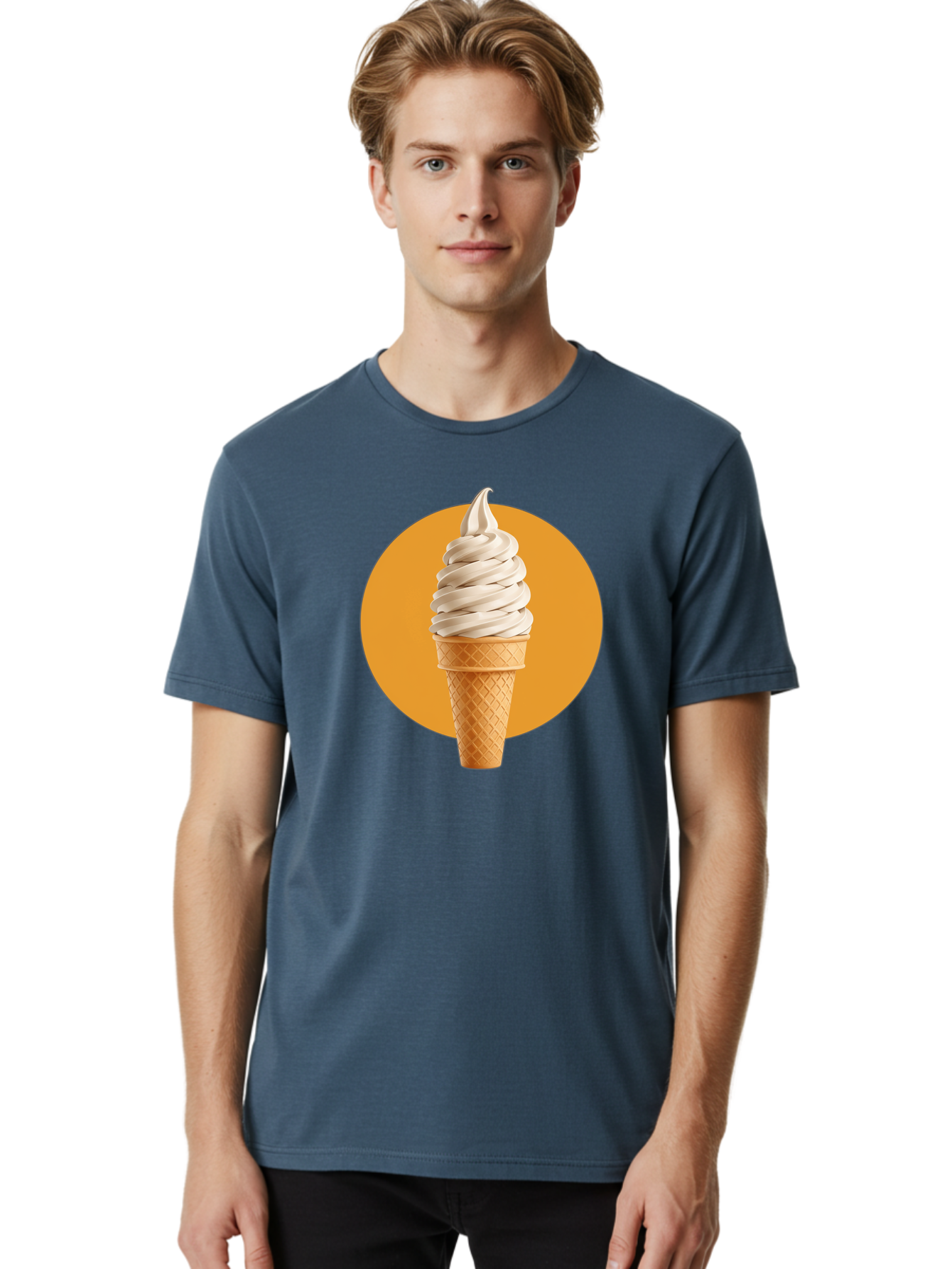Soft-Serve-Ice-Cream-Cone-1 Men'S Graphic Tee, 100% Cotton, Comfortable Casual Summer Wear, Machine Washable, Soft Serve Ice Cream, Ice Cream Cone, Waffle Cone, Vanilla Ice Cream, Swirly Ice Cream, Summer Treats, Dessert, Sweet Tooth, Bab434
