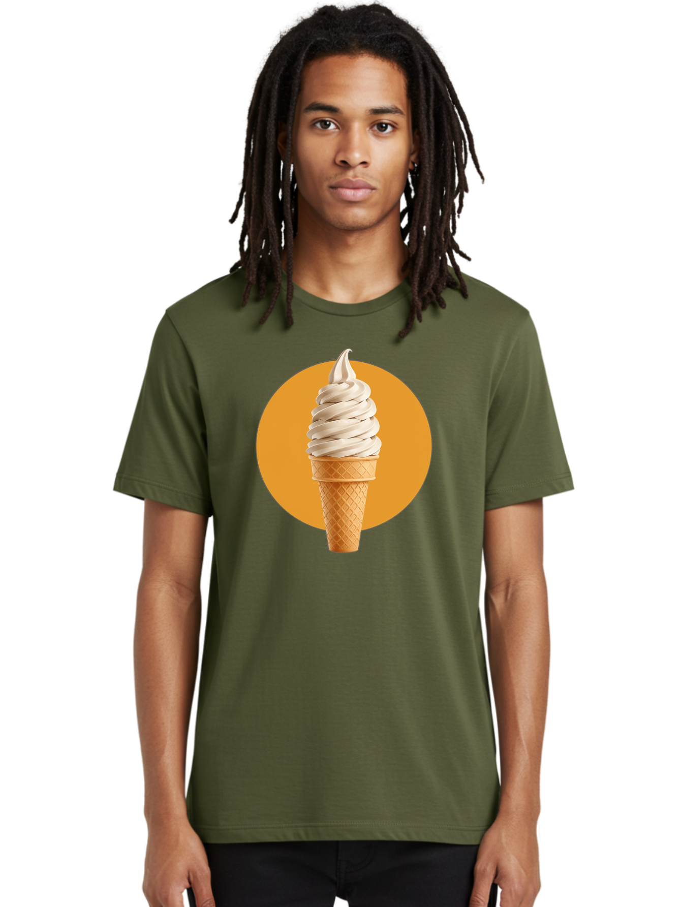 Soft-Serve-Ice-Cream-Cone-1 Men'S Graphic Tee, 100% Cotton, Comfortable Casual Summer Wear, Machine Washable, Soft Serve Ice Cream, Ice Cream Cone, Waffle Cone, Vanilla Ice Cream, Swirly Ice Cream, Summer Treats, Dessert, Sweet Tooth, Bab434
