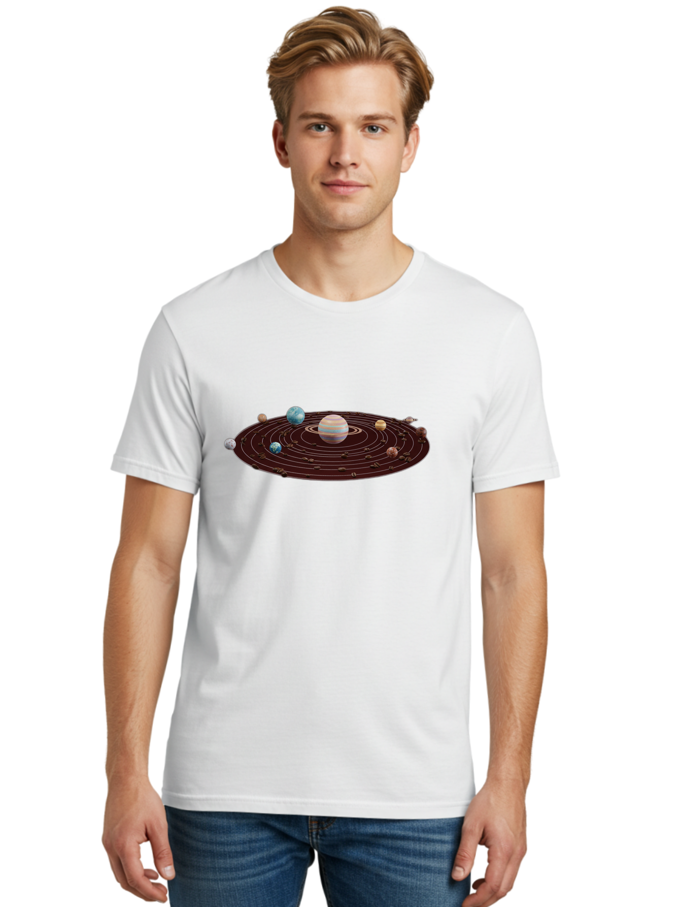Solar-System Men'S Graphic Tee, 100% Cotton, Comfortable Casual Summer Wear, Machine Washable, Planets In Orbit, Solar System Illustration, Celestial Bodies, Jupiter With Stripes, Planetary Alignment, Astronomy Graphic, Space Exploration Bab438