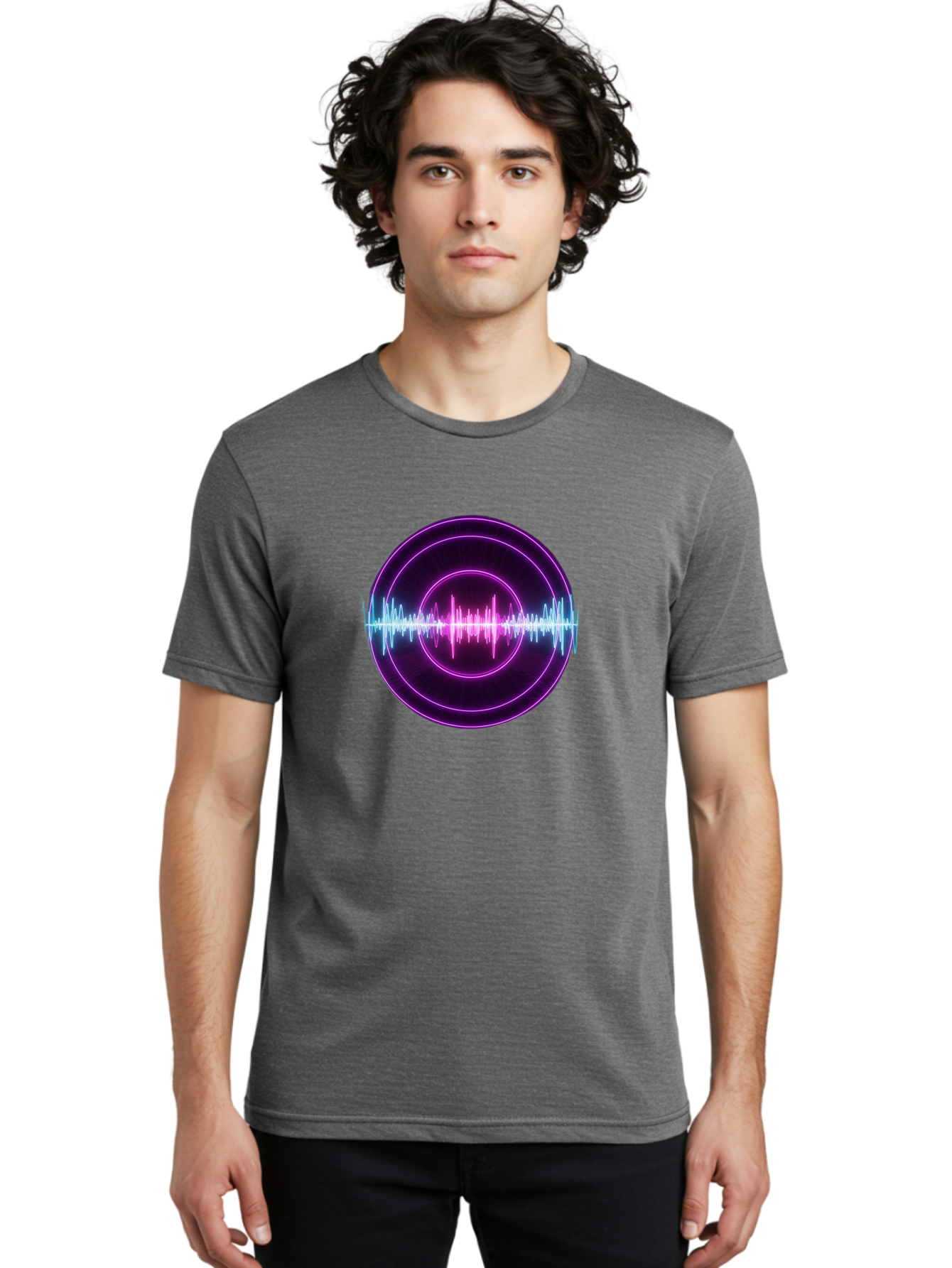 Sound-Wave Men'S Graphic Tee, 100% Cotton, Comfortable Casual Summer Wear, Machine Washable, Sound Wave, Audio Signal, Purple Neon Lights, Futuristic Design, Music Visualizer, Waveform Graphic, Digital Art, Glowing Effect Bab439