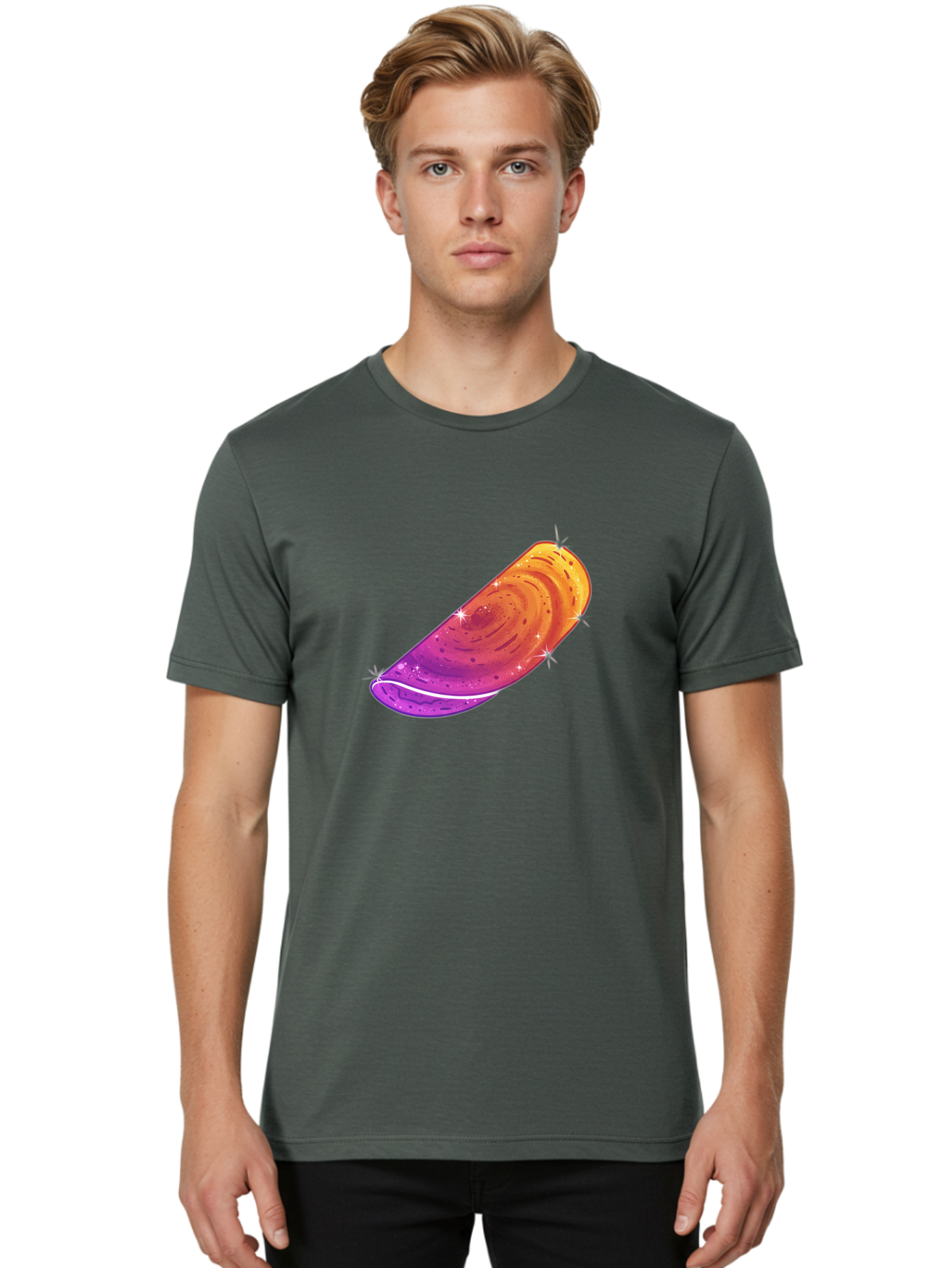 Sparkling-Dosa Men'S Graphic Tee, 100% Cotton, Comfortable Casual Summer Wear, Machine Washable, Vibrant Purple And Orange Design, Swirling Patterns, Shiny Surface, Sparkles, Mesmerizing Graphics, Abstract Art, Colorful Illustration, Bab442