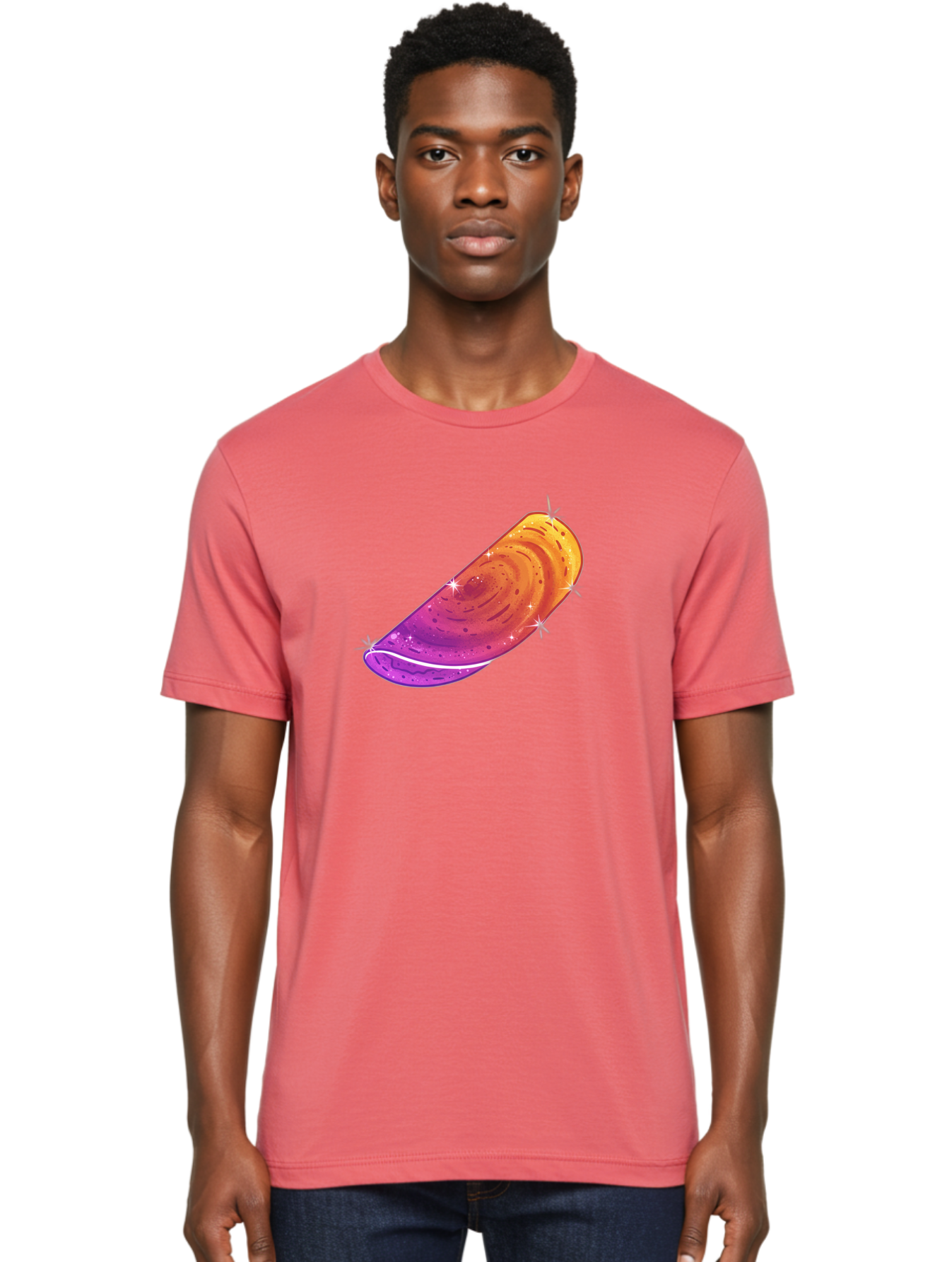 Sparkling-Dosa Men'S Graphic Tee, 100% Cotton, Comfortable Casual Summer Wear, Machine Washable, Vibrant Purple And Orange Design, Swirling Patterns, Shiny Surface, Sparkles, Mesmerizing Graphics, Abstract Art, Colorful Illustration, Bab442
