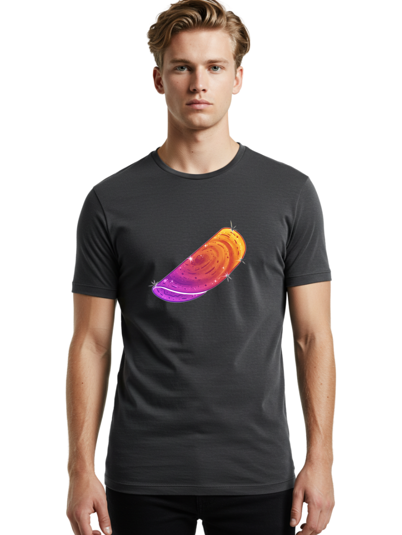 Sparkling-Dosa Men'S Graphic Tee, 100% Cotton, Comfortable Casual Summer Wear, Machine Washable, Vibrant Purple And Orange Design, Swirling Patterns, Shiny Surface, Sparkles, Mesmerizing Graphics, Abstract Art, Colorful Illustration, Bab442