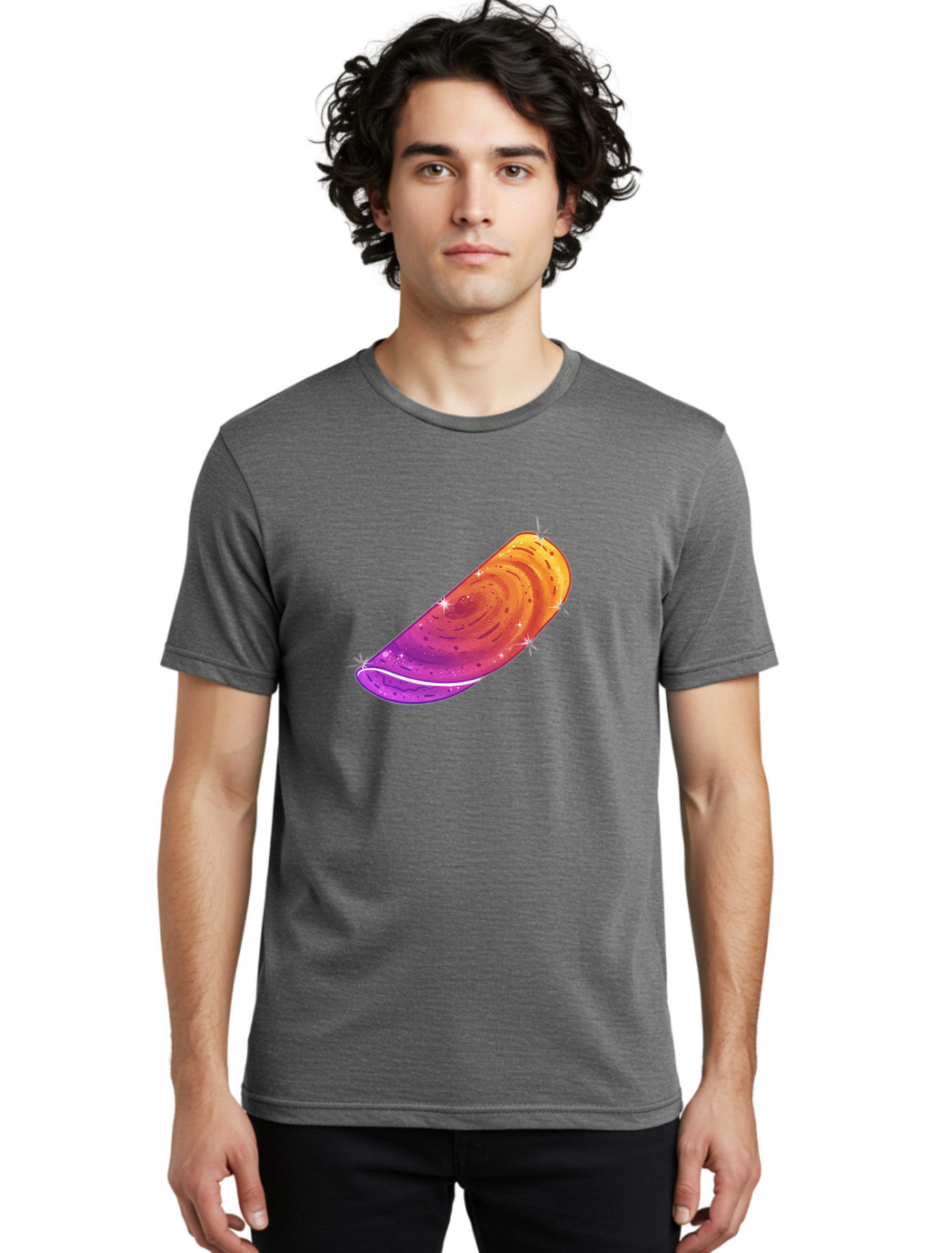 Sparkling-Dosa Men'S Graphic Tee, 100% Cotton, Comfortable Casual Summer Wear, Machine Washable, Vibrant Purple And Orange Design, Swirling Patterns, Shiny Surface, Sparkles, Mesmerizing Graphics, Abstract Art, Colorful Illustration, Bab442