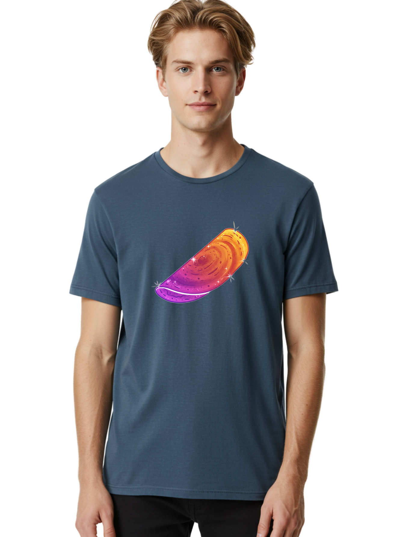 Sparkling-Dosa Men'S Graphic Tee, 100% Cotton, Comfortable Casual Summer Wear, Machine Washable, Vibrant Purple And Orange Design, Swirling Patterns, Shiny Surface, Sparkles, Mesmerizing Graphics, Abstract Art, Colorful Illustration, Bab442