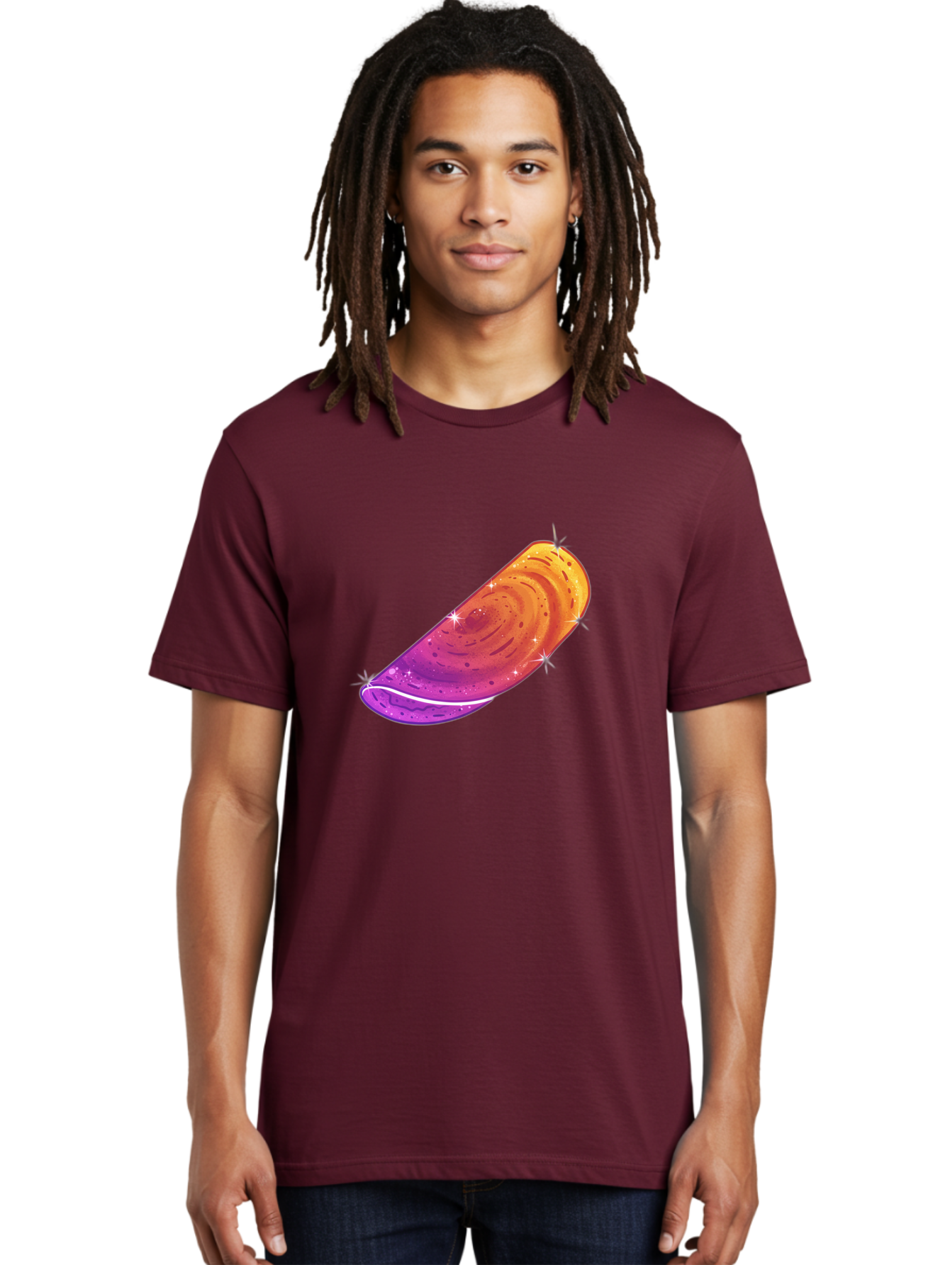 Sparkling-Dosa Men'S Graphic Tee, 100% Cotton, Comfortable Casual Summer Wear, Machine Washable, Vibrant Purple And Orange Design, Swirling Patterns, Shiny Surface, Sparkles, Mesmerizing Graphics, Abstract Art, Colorful Illustration, Bab442