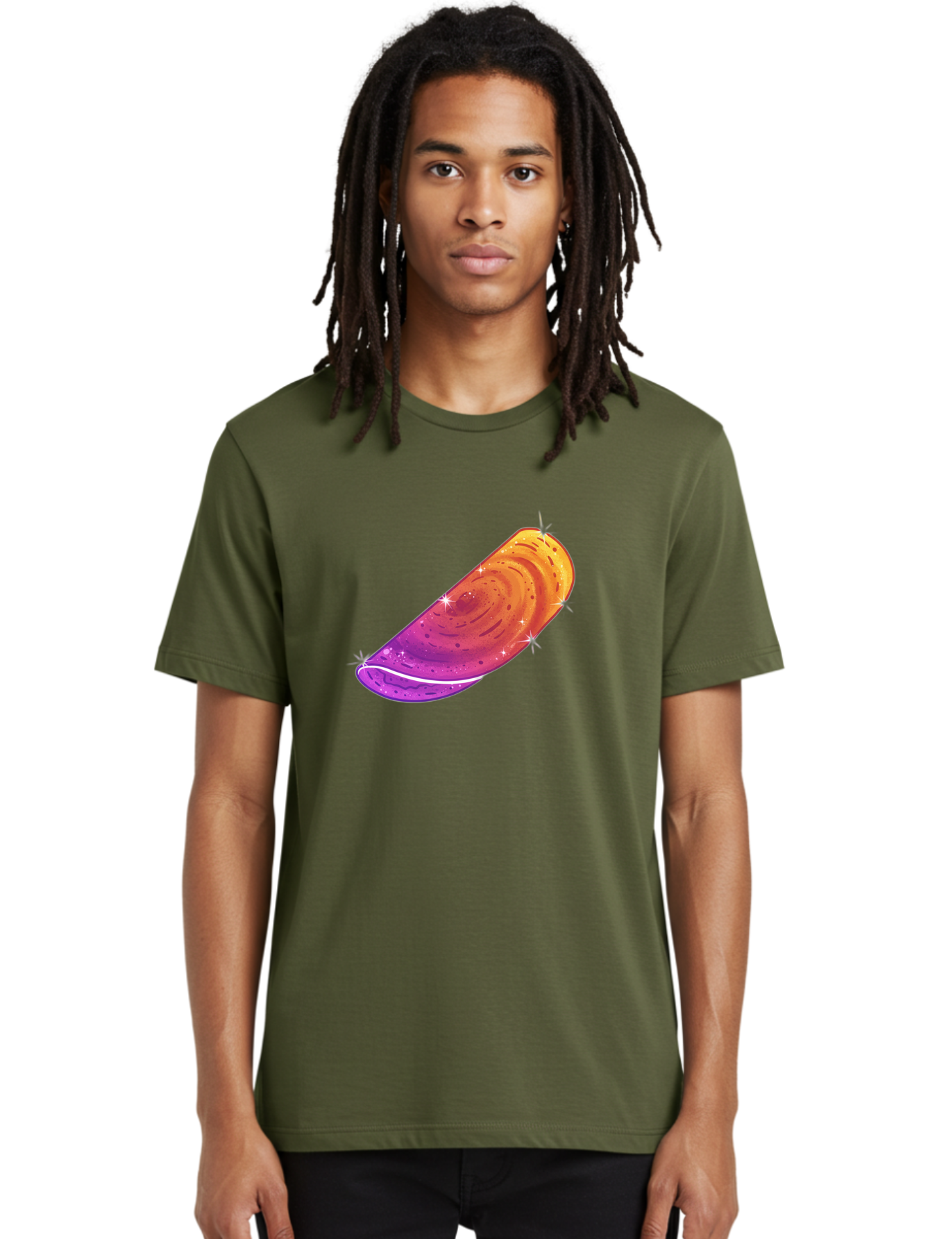 Sparkling-Dosa Men'S Graphic Tee, 100% Cotton, Comfortable Casual Summer Wear, Machine Washable, Vibrant Purple And Orange Design, Swirling Patterns, Shiny Surface, Sparkles, Mesmerizing Graphics, Abstract Art, Colorful Illustration, Bab442