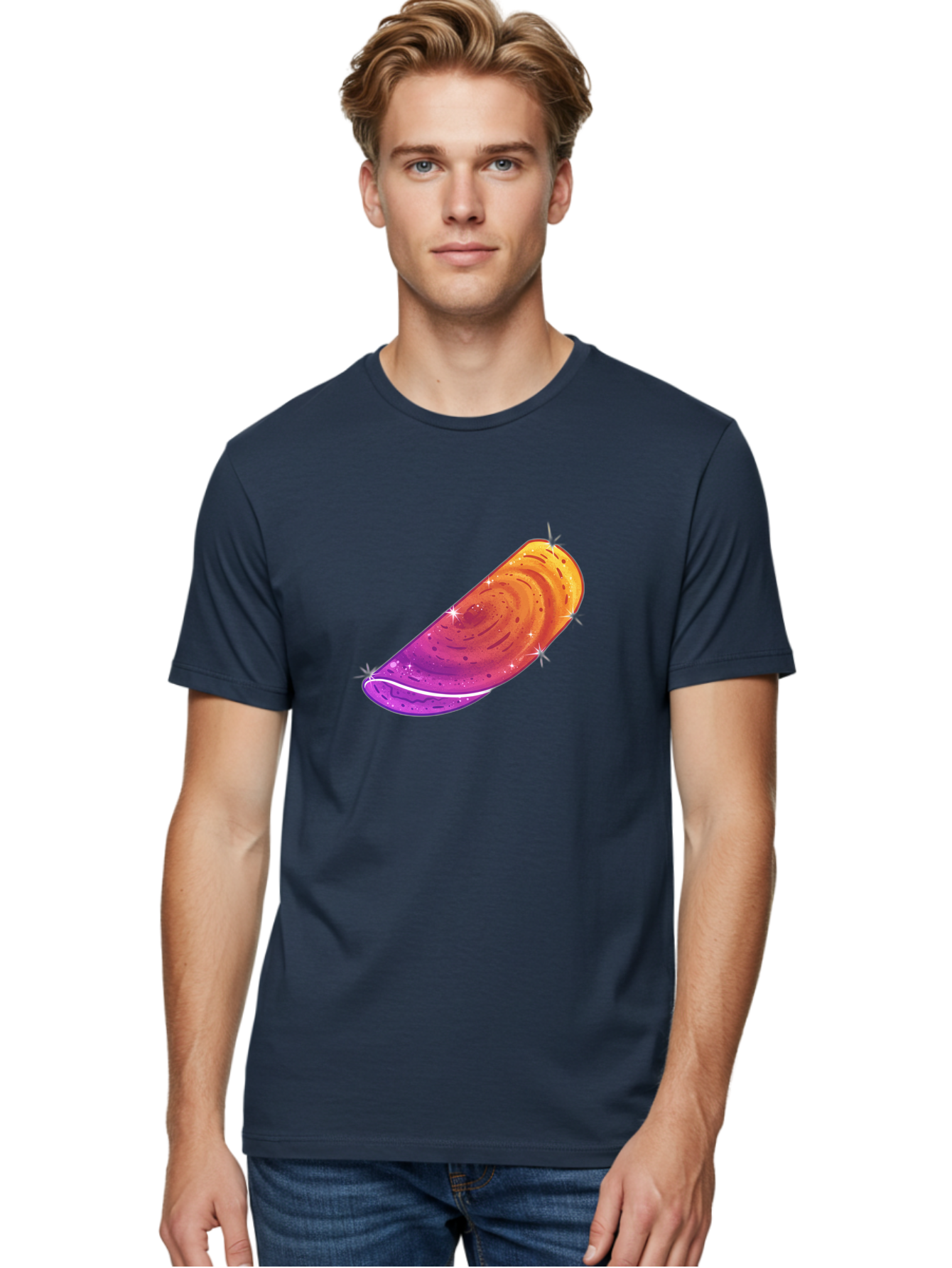 Sparkling-Dosa Men'S Graphic Tee, 100% Cotton, Comfortable Casual Summer Wear, Machine Washable, Vibrant Purple And Orange Design, Swirling Patterns, Shiny Surface, Sparkles, Mesmerizing Graphics, Abstract Art, Colorful Illustration, Bab442