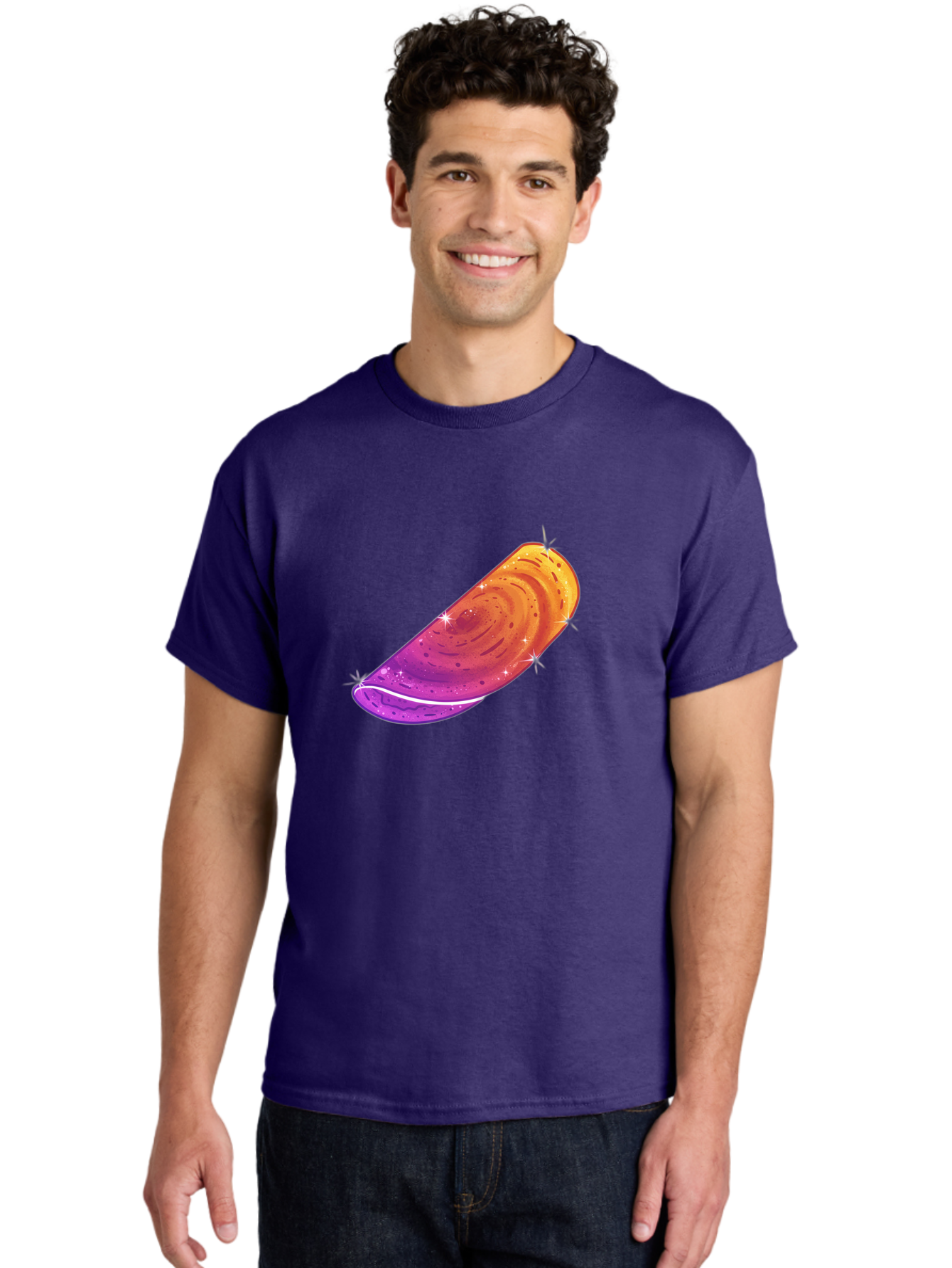 Sparkling-Dosa Men'S Graphic Tee, 100% Cotton, Comfortable Casual Summer Wear, Machine Washable, Vibrant Purple And Orange Design, Swirling Patterns, Shiny Surface, Sparkles, Mesmerizing Graphics, Abstract Art, Colorful Illustration, Bab442