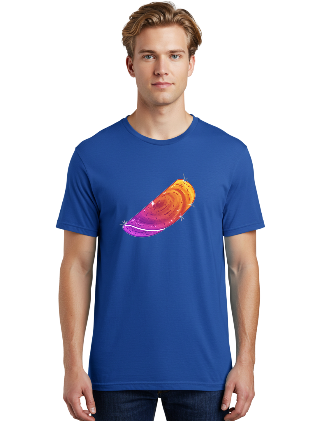 Sparkling-Dosa Men'S Graphic Tee, 100% Cotton, Comfortable Casual Summer Wear, Machine Washable, Vibrant Purple And Orange Design, Swirling Patterns, Shiny Surface, Sparkles, Mesmerizing Graphics, Abstract Art, Colorful Illustration, Bab442