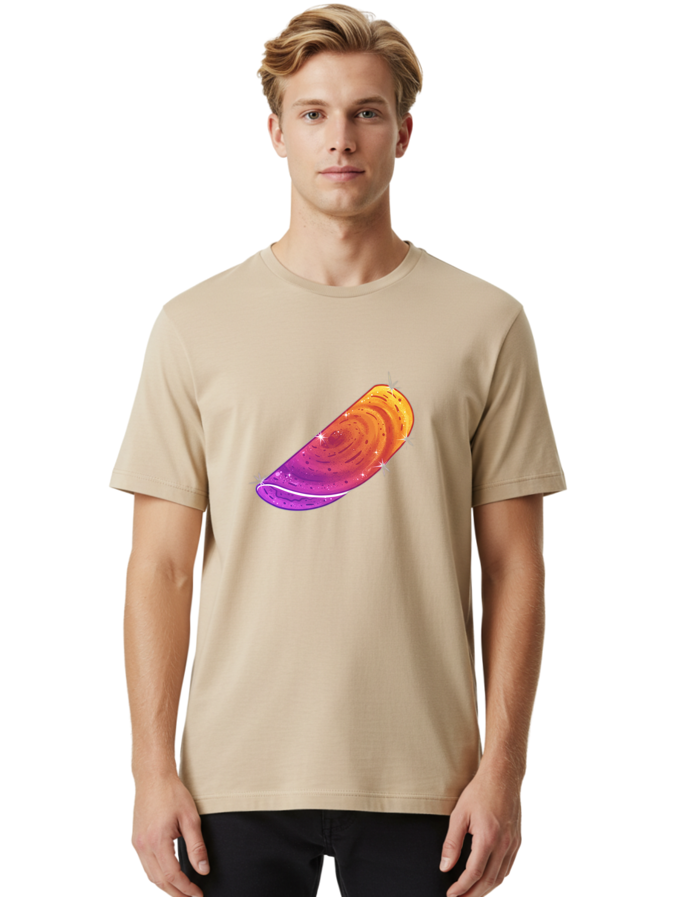 Sparkling-Dosa Men'S Graphic Tee, 100% Cotton, Comfortable Casual Summer Wear, Machine Washable, Vibrant Purple And Orange Design, Swirling Patterns, Shiny Surface, Sparkles, Mesmerizing Graphics, Abstract Art, Colorful Illustration, Bab442