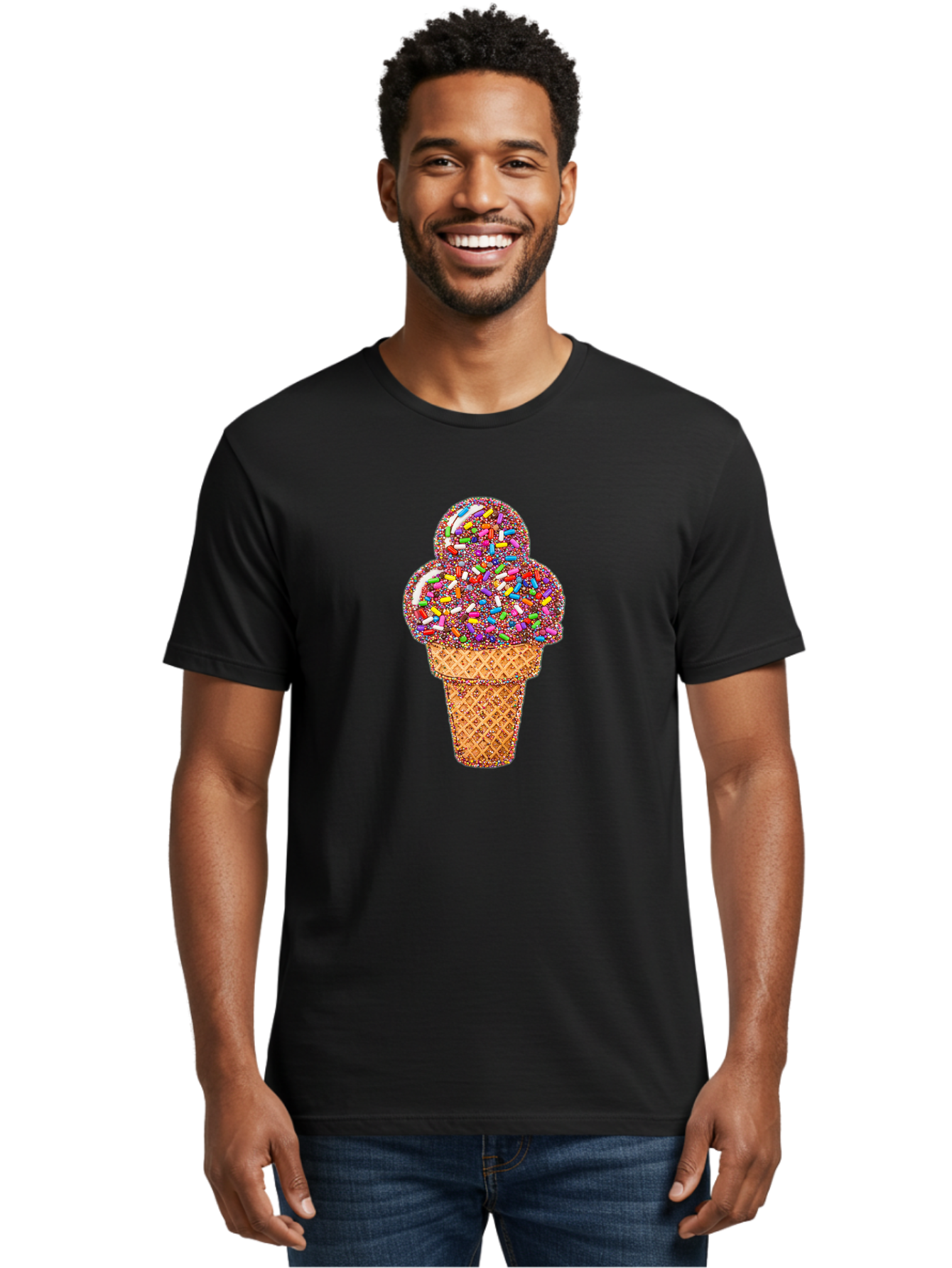 Sprinkle-Ice-Cream-Cone-1 Men'S Graphic Tee, 100% Cotton, Comfortable Casual Summer Wear, Machine Washable, Colorful Sprinkles, Ice Cream, Sweet Treats, Dessert, Waffle Cone, Rainbow Colors, Sprinkles Overload, Fun Snack, Sweet Delight, Candy, Bab443