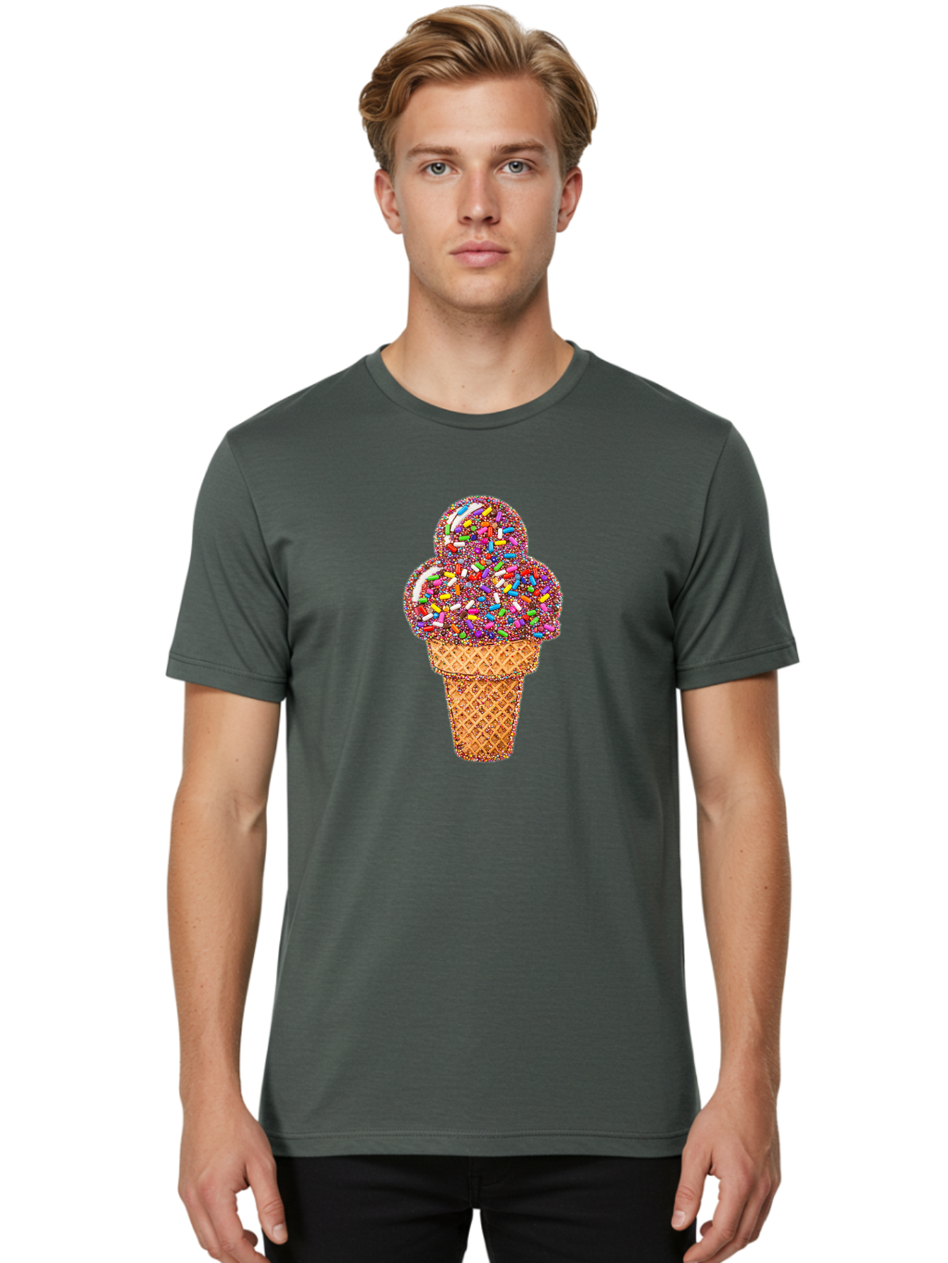 Sprinkle-Ice-Cream-Cone-1 Men'S Graphic Tee, 100% Cotton, Comfortable Casual Summer Wear, Machine Washable, Colorful Sprinkles, Ice Cream, Sweet Treats, Dessert, Waffle Cone, Rainbow Colors, Sprinkles Overload, Fun Snack, Sweet Delight, Candy, Bab443