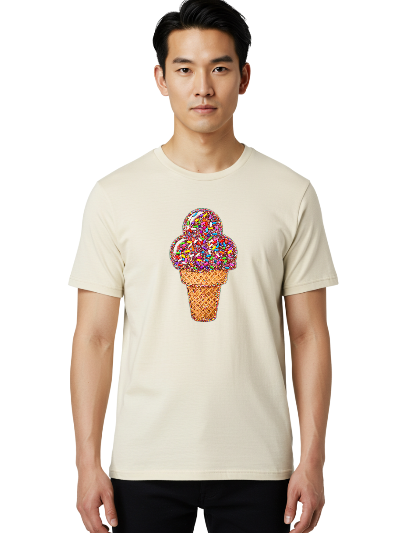 Sprinkle-Ice-Cream-Cone-1 Men'S Graphic Tee, 100% Cotton, Comfortable Casual Summer Wear, Machine Washable, Colorful Sprinkles, Ice Cream, Sweet Treats, Dessert, Waffle Cone, Rainbow Colors, Sprinkles Overload, Fun Snack, Sweet Delight, Candy, Bab443
