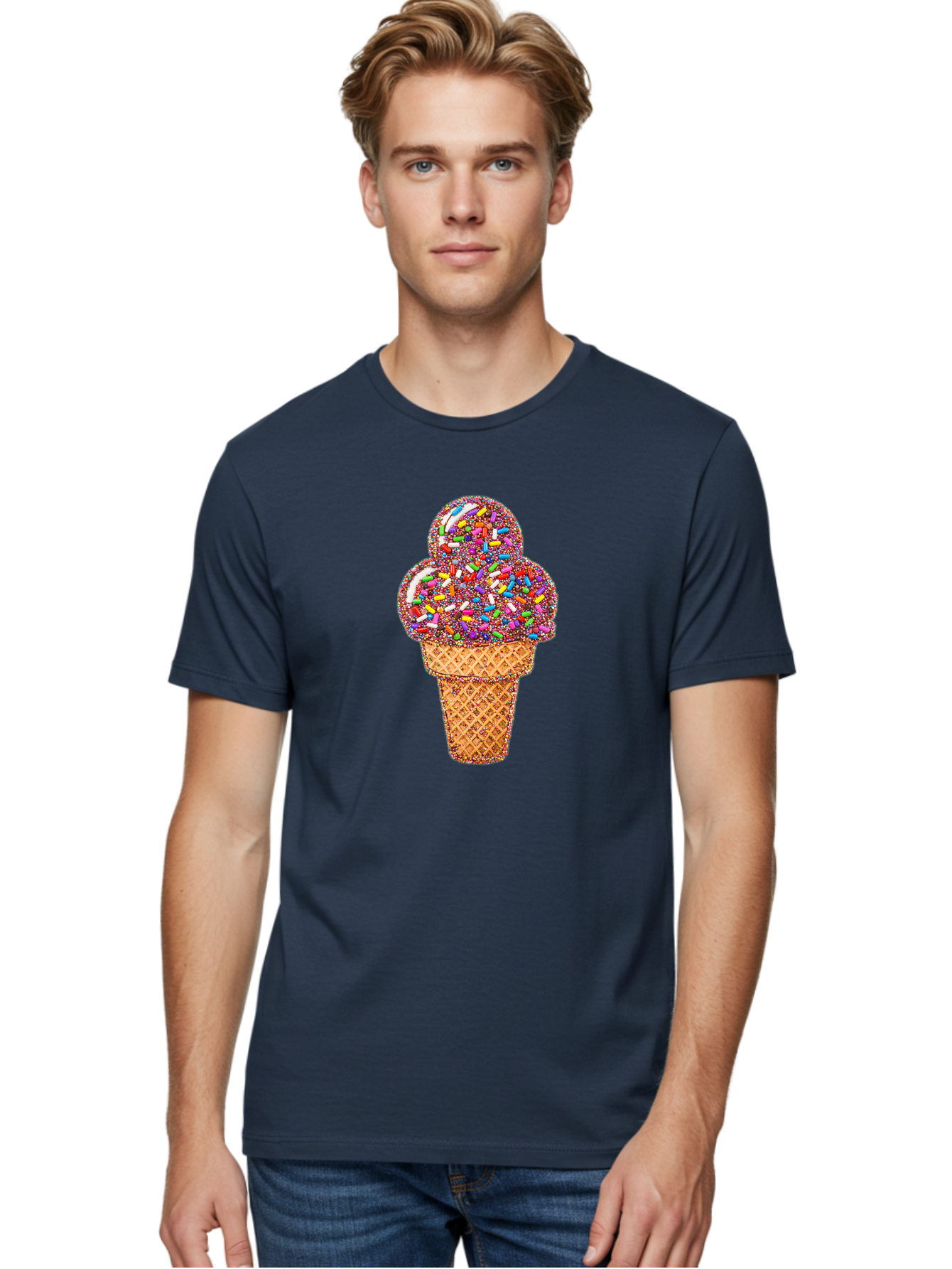 Sprinkle-Ice-Cream-Cone-1 Men'S Graphic Tee, 100% Cotton, Comfortable Casual Summer Wear, Machine Washable, Colorful Sprinkles, Ice Cream, Sweet Treats, Dessert, Waffle Cone, Rainbow Colors, Sprinkles Overload, Fun Snack, Sweet Delight, Candy, Bab443