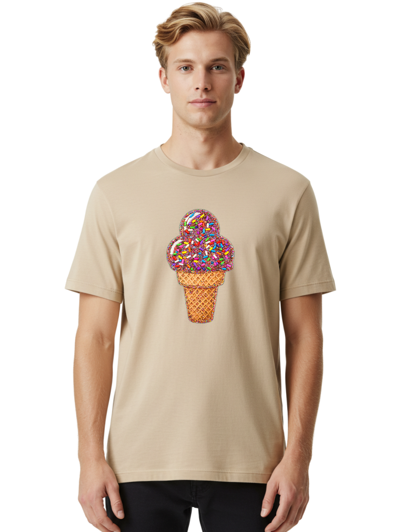 Sprinkle-Ice-Cream-Cone-1 Men'S Graphic Tee, 100% Cotton, Comfortable Casual Summer Wear, Machine Washable, Colorful Sprinkles, Ice Cream, Sweet Treats, Dessert, Waffle Cone, Rainbow Colors, Sprinkles Overload, Fun Snack, Sweet Delight, Candy, Bab443