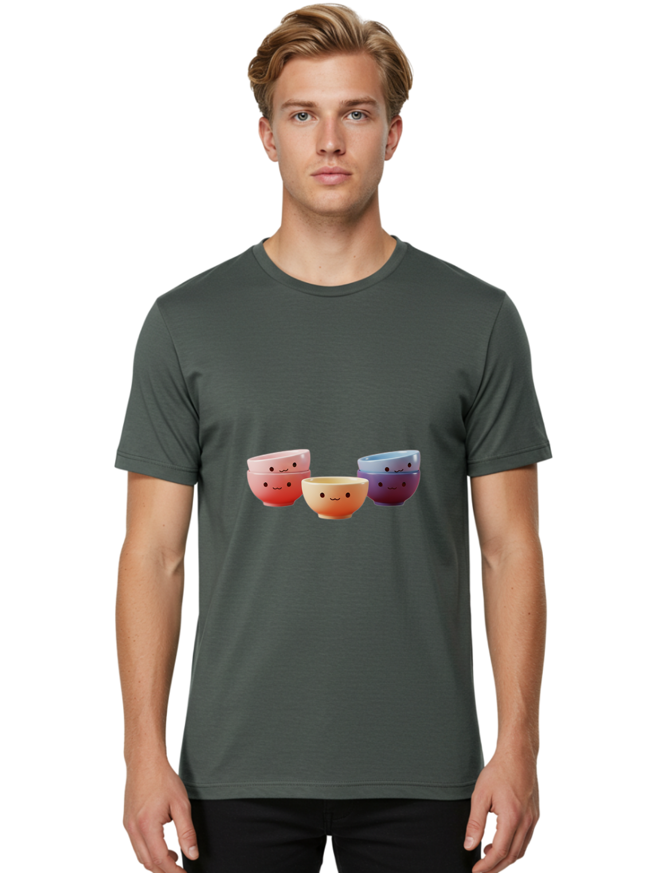 Stacked-Bowls-1 Men'S Graphic Tee, 100% Cotton, Comfortable Casual Summer Wear, Machine Washable, Ceramic Bowls, Smiling Faces, Colorful Dinnerware, Pastel Colors, Happy Kitchen Accessories, Table Setting, Cute Home Decor, Unique Gift Ideas Bab447