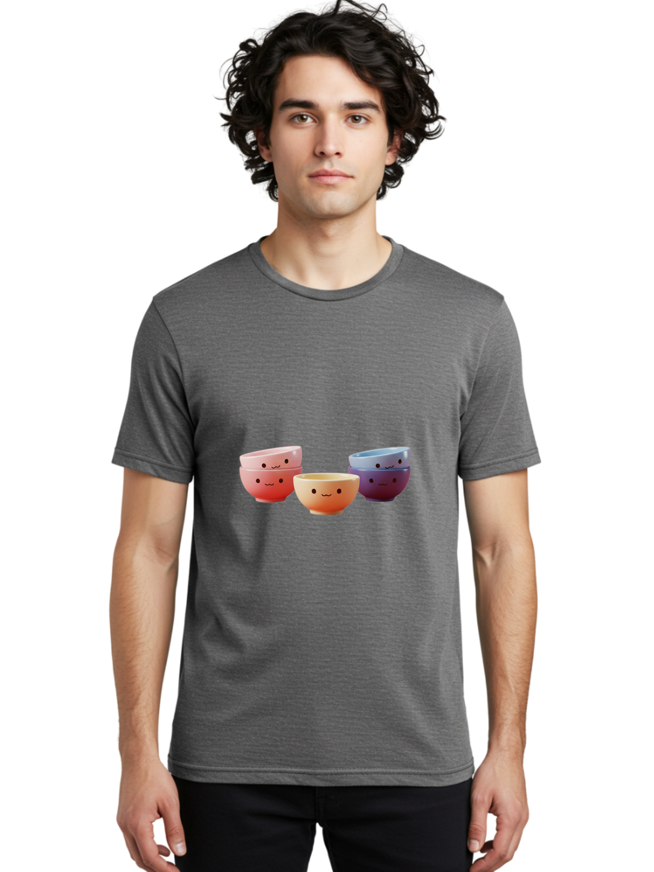 Stacked-Bowls-1 Men'S Graphic Tee, 100% Cotton, Comfortable Casual Summer Wear, Machine Washable, Ceramic Bowls, Smiling Faces, Colorful Dinnerware, Pastel Colors, Happy Kitchen Accessories, Table Setting, Cute Home Decor, Unique Gift Ideas Bab447