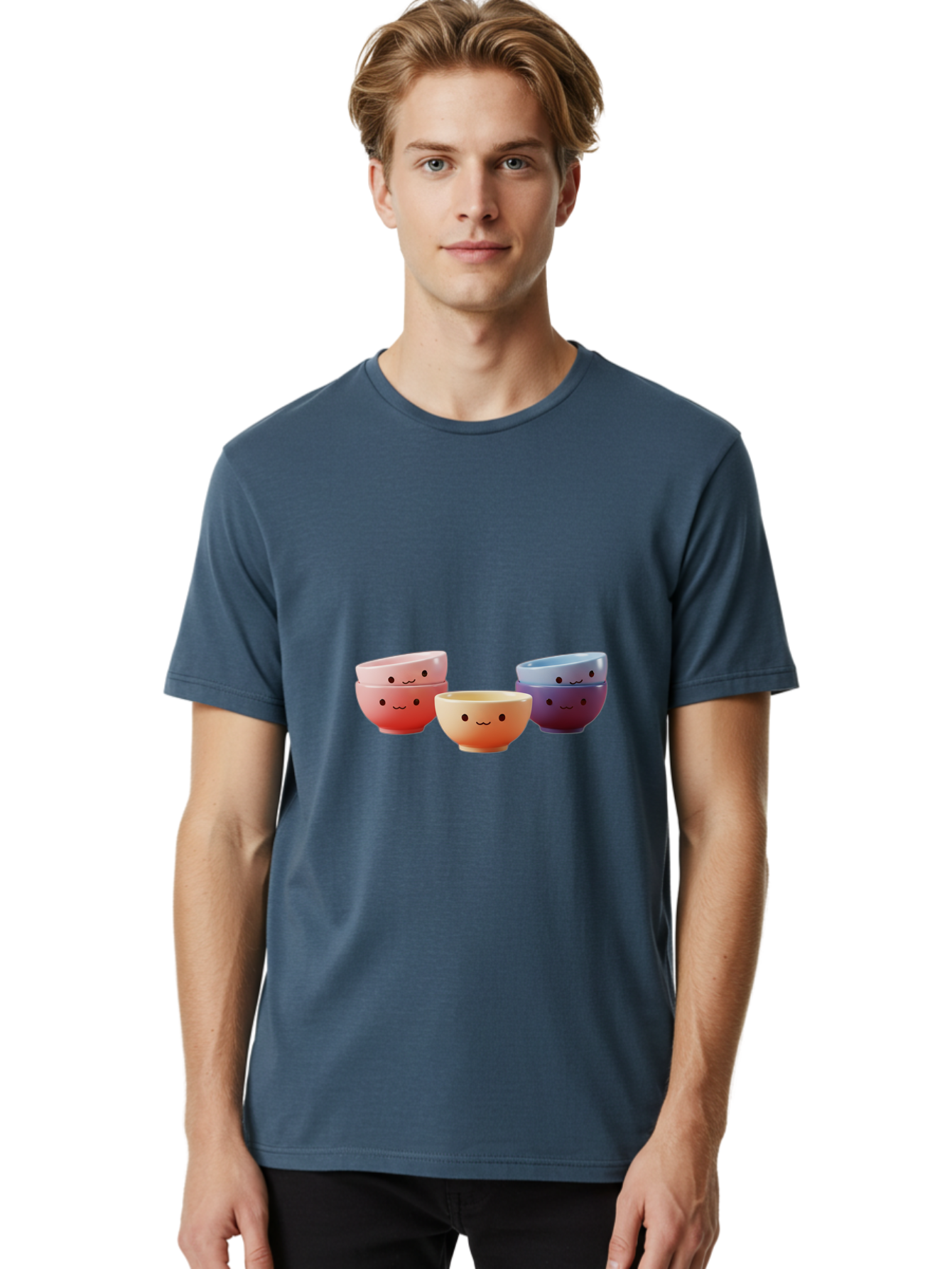 Stacked-Bowls-1 Men'S Graphic Tee, 100% Cotton, Comfortable Casual Summer Wear, Machine Washable, Ceramic Bowls, Smiling Faces, Colorful Dinnerware, Pastel Colors, Happy Kitchen Accessories, Table Setting, Cute Home Decor, Unique Gift Ideas Bab447