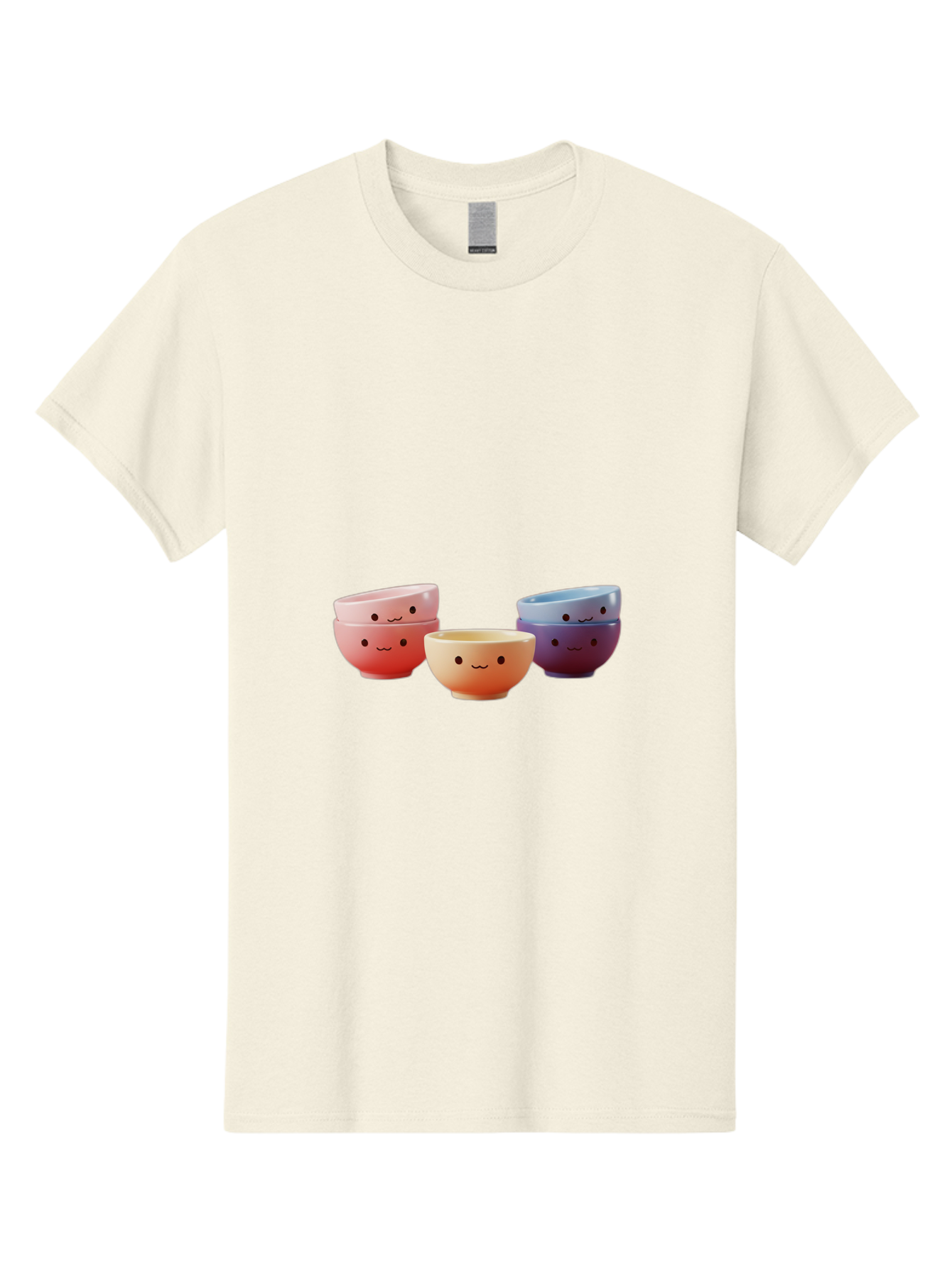 Stacked-Bowls-1 Men'S Graphic Tee, 100% Cotton, Comfortable Casual Summer Wear, Machine Washable, Ceramic Bowls, Smiling Faces, Colorful Dinnerware, Pastel Colors, Happy Kitchen Accessories, Table Setting, Cute Home Decor, Unique Gift Ideas Bab447