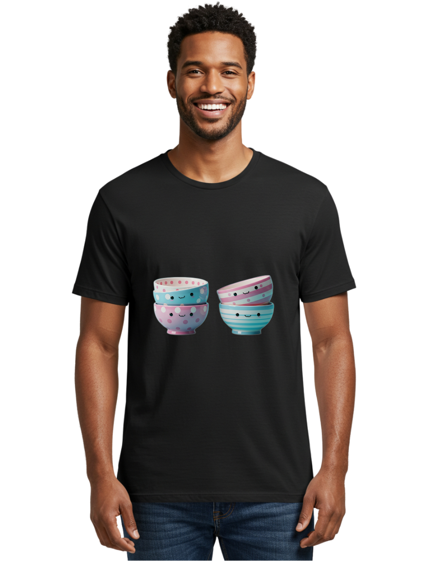 Stacked-Bowls-2 Men'S Graphic Tee, 100% Cotton, Comfortable Casual Summer Wear, Machine Washable, Stacked Bowls, Pastel Colors, Polka Dots, Stripes, Cute Faces, Smiling Bowls, Playful Tableware, Colorful Kitchenware, Whimsical Design, Bab448