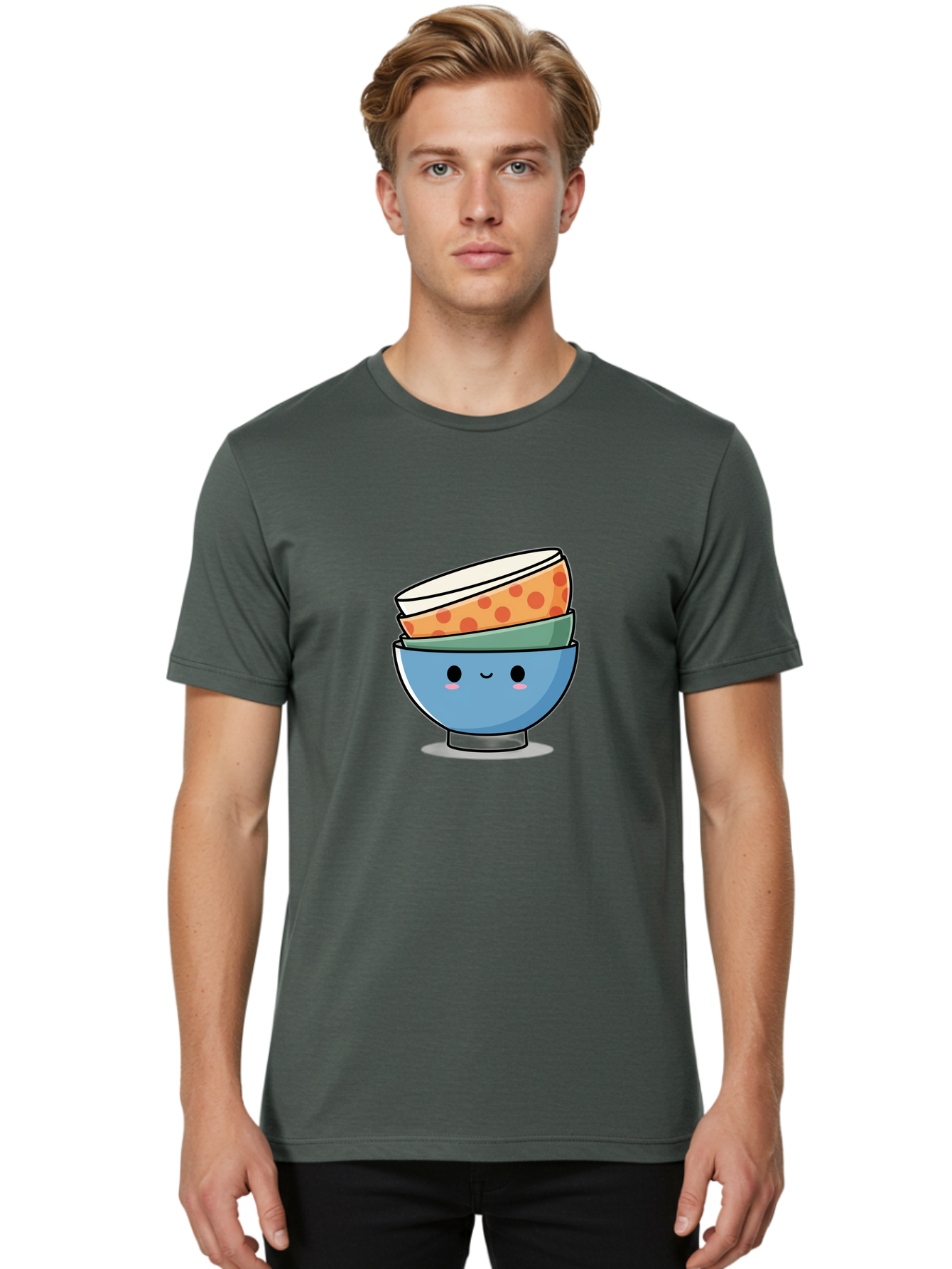 Stacked-Bowls Men'S Graphic Tee, 100% Cotton, Comfortable Casual Summer Wear, Machine Washable, Stacked Bowls, Cartoon Character, Kitchen Utensils, Tableware, Kawaii Art, Cute Illustration, Playful Design, Smiling Bowls, Colorful Pattern, Bab449