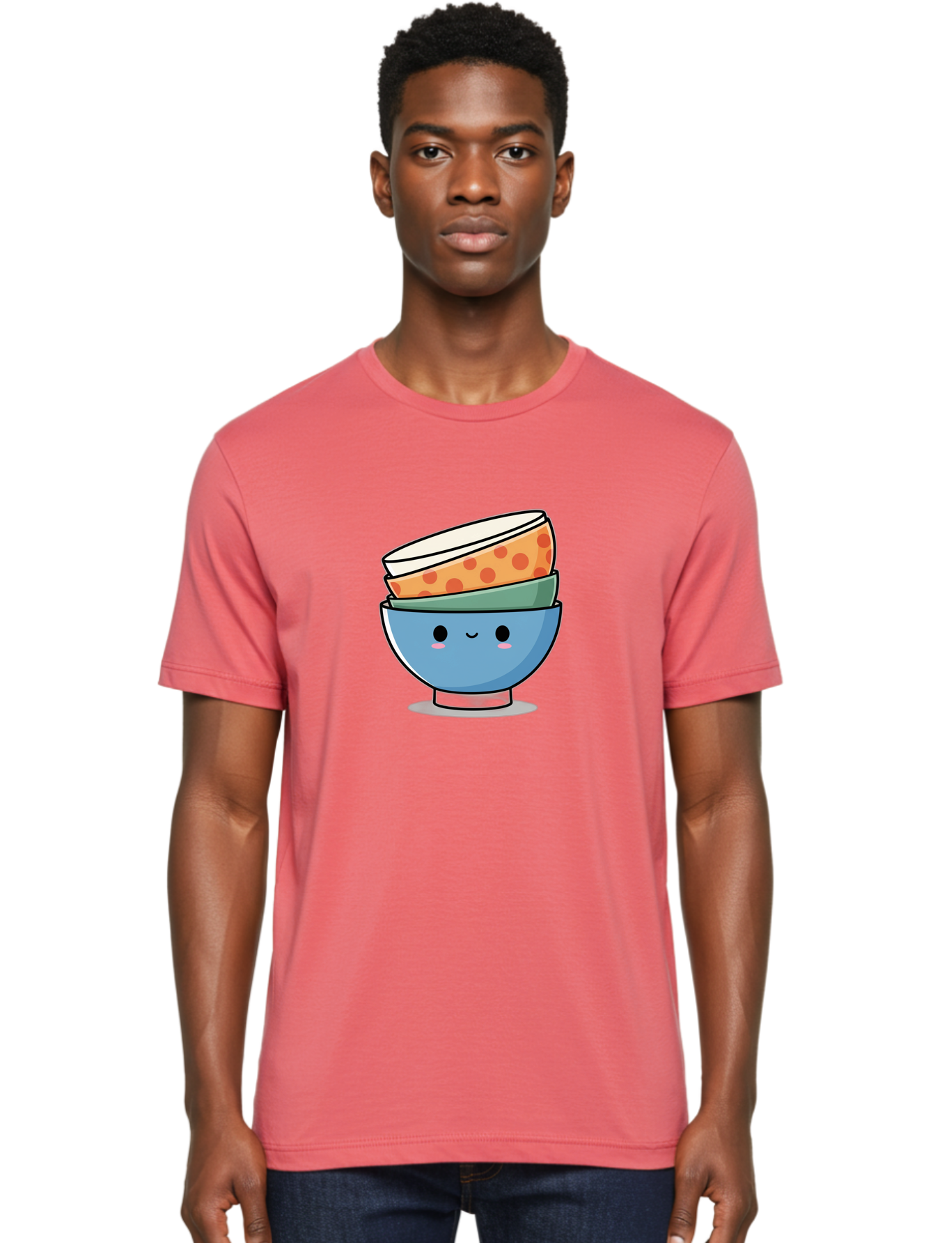Stacked-Bowls Men'S Graphic Tee, 100% Cotton, Comfortable Casual Summer Wear, Machine Washable, Stacked Bowls, Cartoon Character, Kitchen Utensils, Tableware, Kawaii Art, Cute Illustration, Playful Design, Smiling Bowls, Colorful Pattern, Bab449