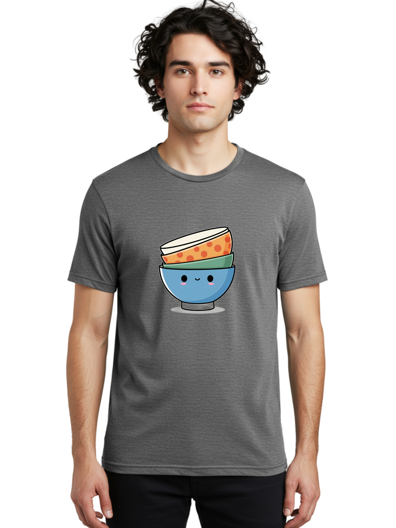 Stacked-Bowls Men'S Graphic Tee, 100% Cotton, Comfortable Casual Summer Wear, Machine Washable, Stacked Bowls, Cartoon Character, Kitchen Utensils, Tableware, Kawaii Art, Cute Illustration, Playful Design, Smiling Bowls, Colorful Pattern, Bab449