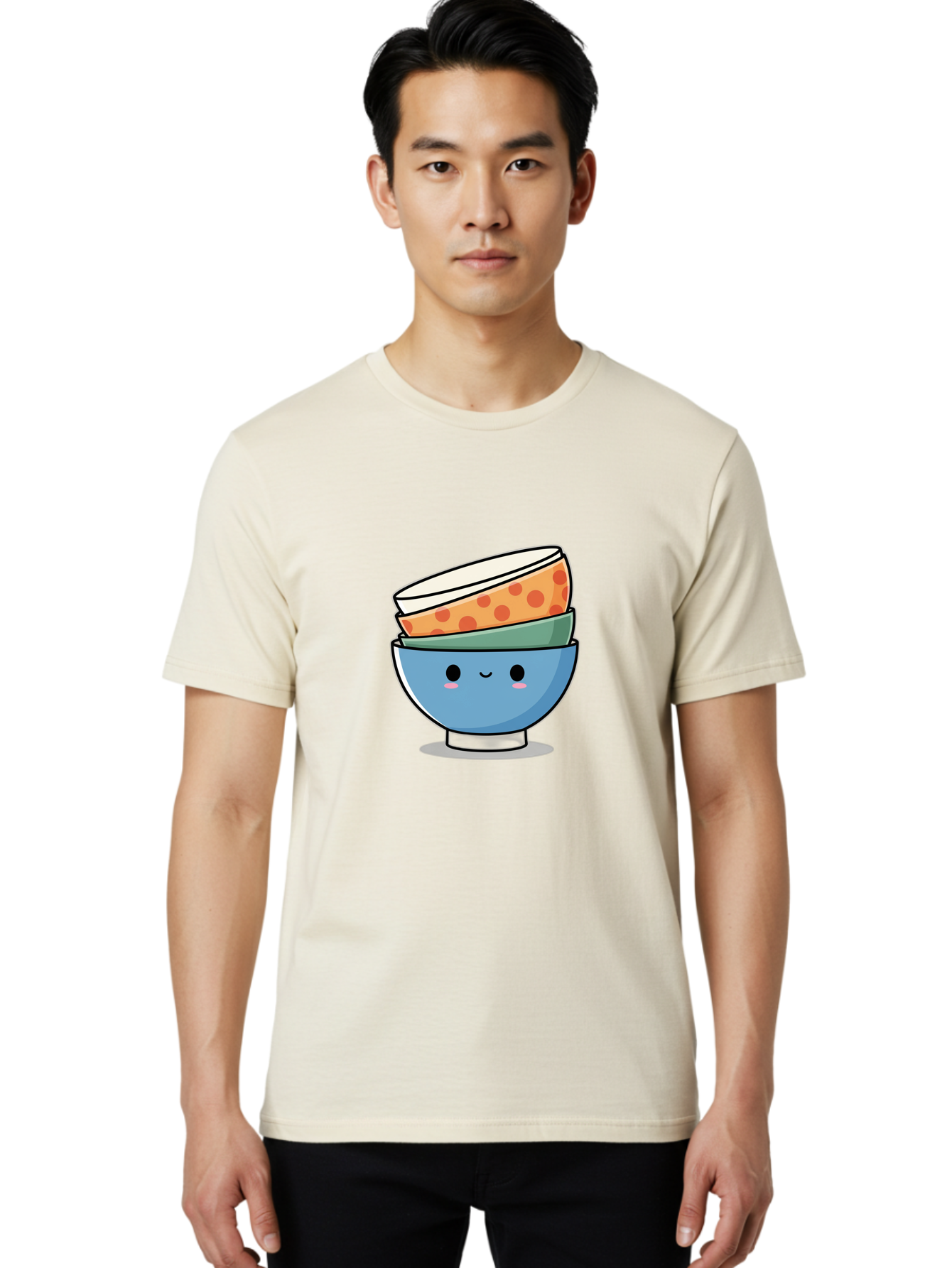 Stacked-Bowls Men'S Graphic Tee, 100% Cotton, Comfortable Casual Summer Wear, Machine Washable, Stacked Bowls, Cartoon Character, Kitchen Utensils, Tableware, Kawaii Art, Cute Illustration, Playful Design, Smiling Bowls, Colorful Pattern, Bab449