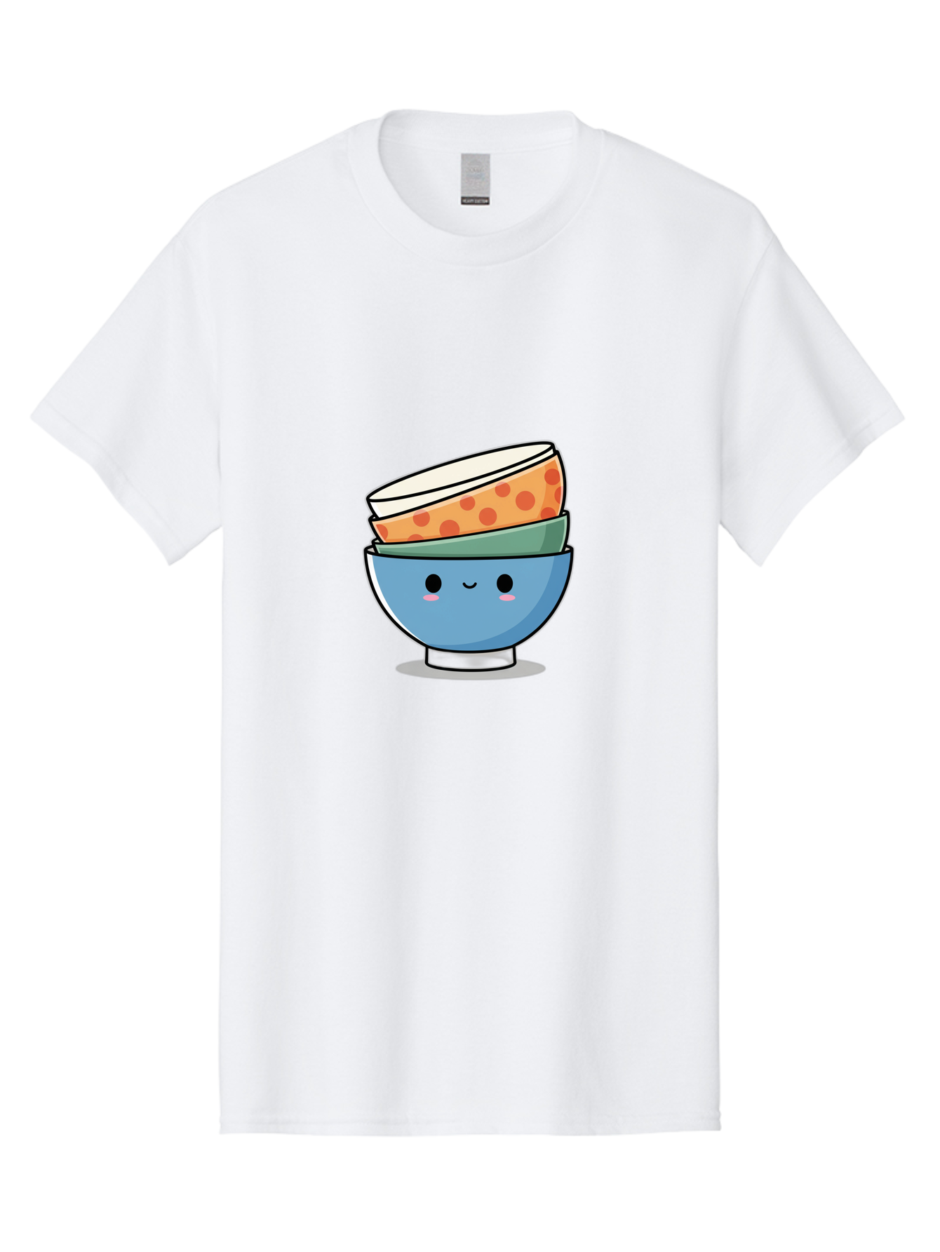 Stacked-Bowls Men'S Graphic Tee, 100% Cotton, Comfortable Casual Summer Wear, Machine Washable, Stacked Bowls, Cartoon Character, Kitchen Utensils, Tableware, Kawaii Art, Cute Illustration, Playful Design, Smiling Bowls, Colorful Pattern, Bab449
